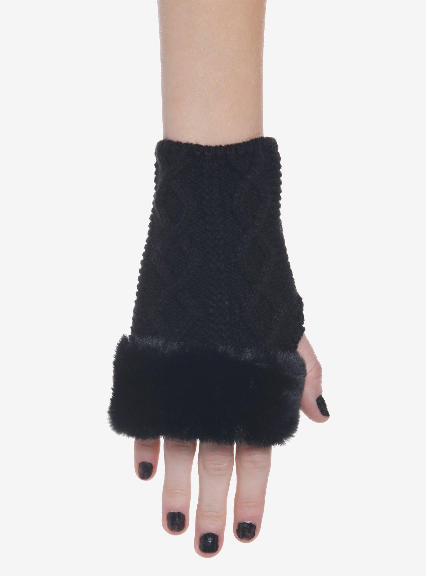 Black Cable Knit Furry Fingerless Gloves, , alternate