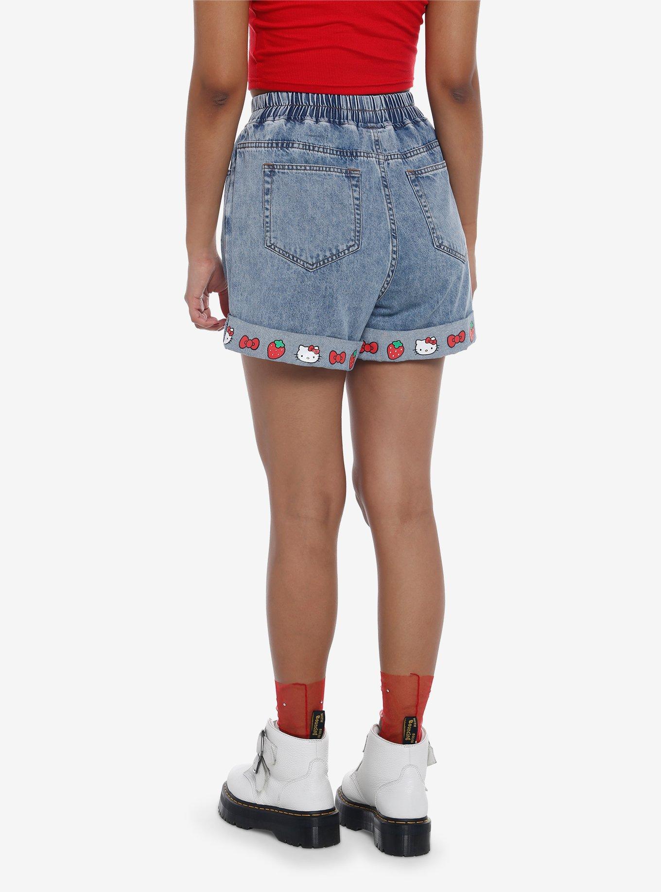 Hello Kitty Strawberry Elastic High-Waisted Denim Shorts, MULTI, alternate