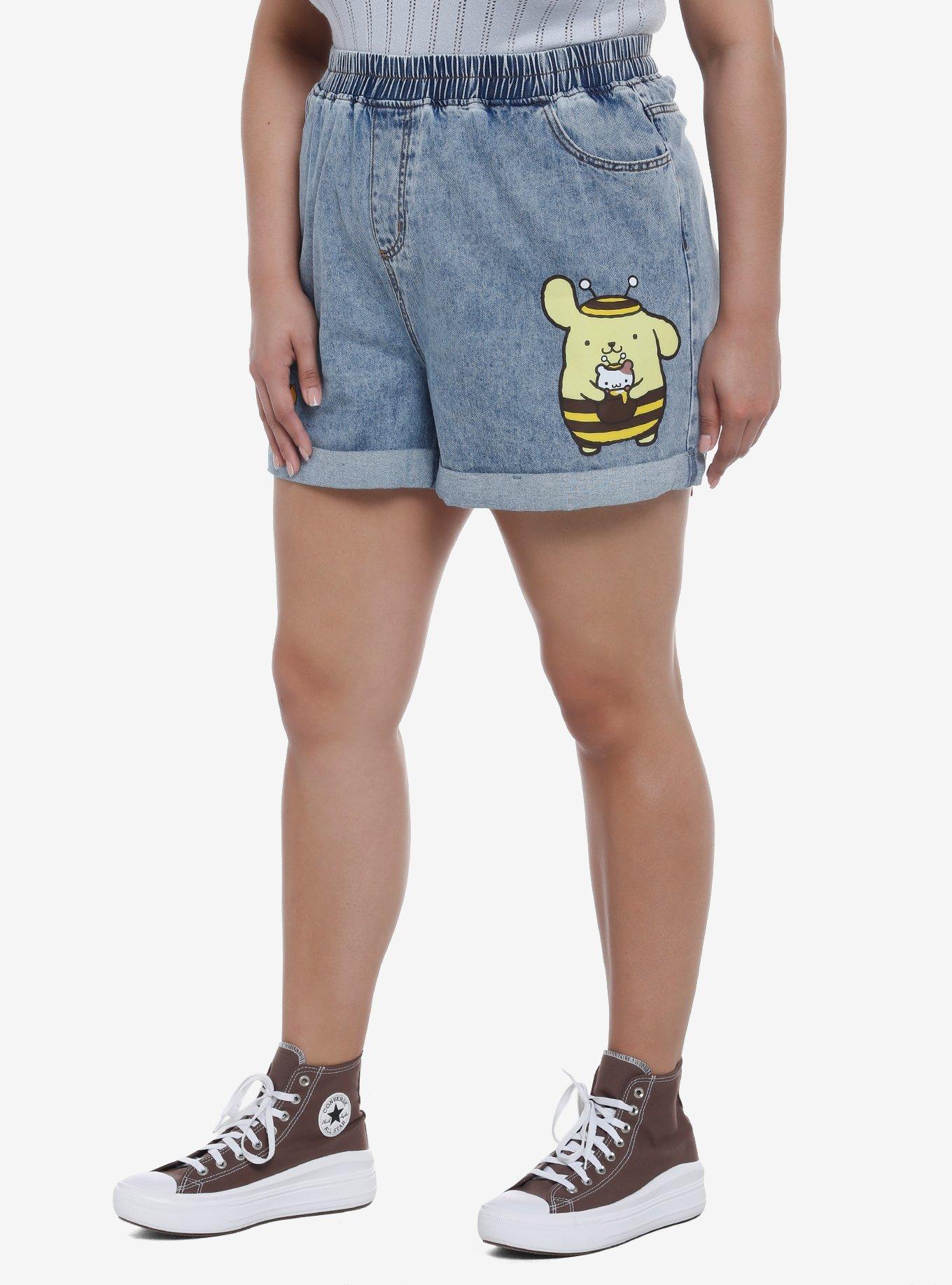 Pompompurin Honey Elastic High-Waisted Denim Shorts Plus Size, MULTI, alternate