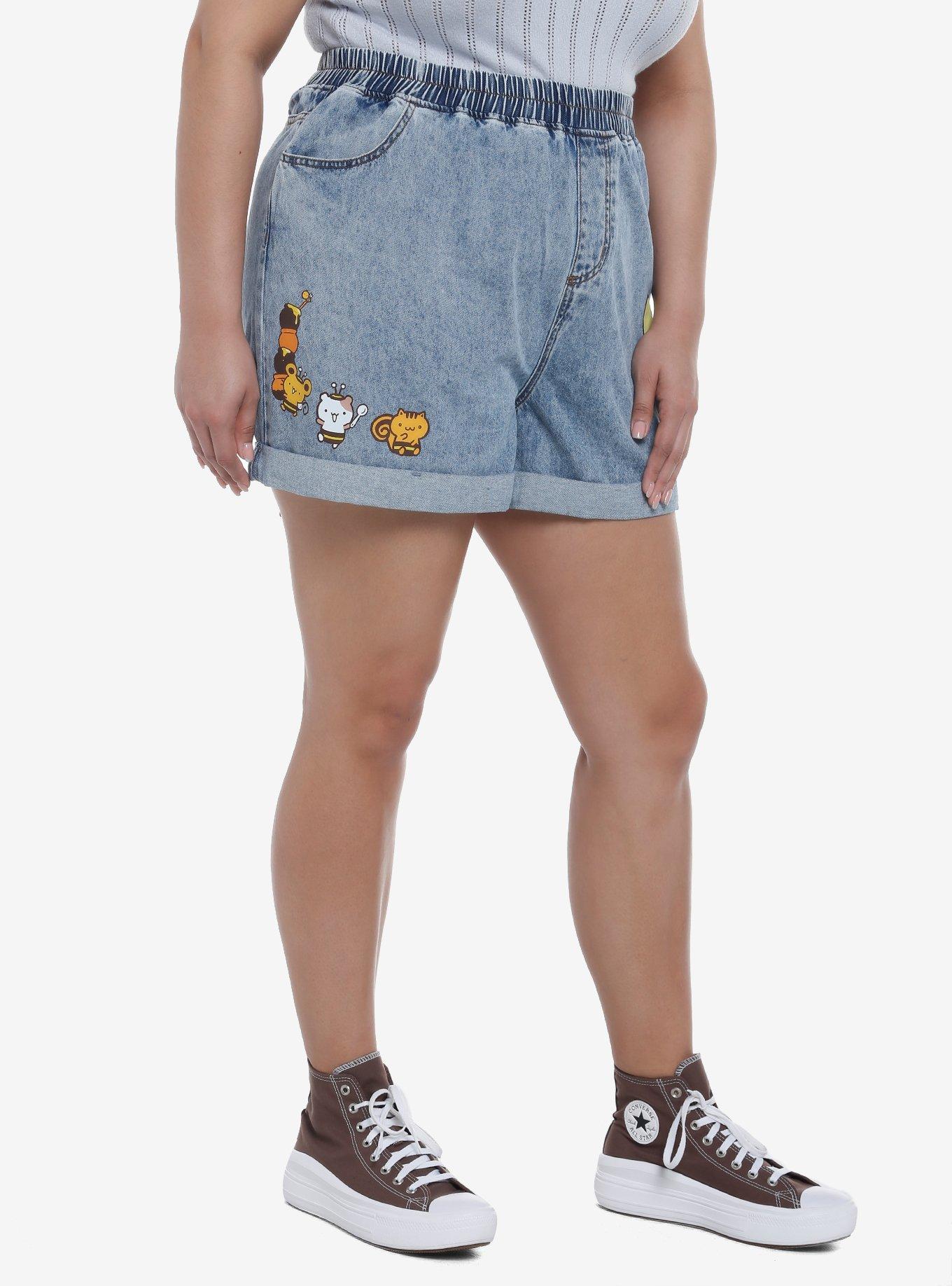 Pompompurin Honey Elastic High-Waisted Denim Shorts Plus Size, MULTI, alternate
