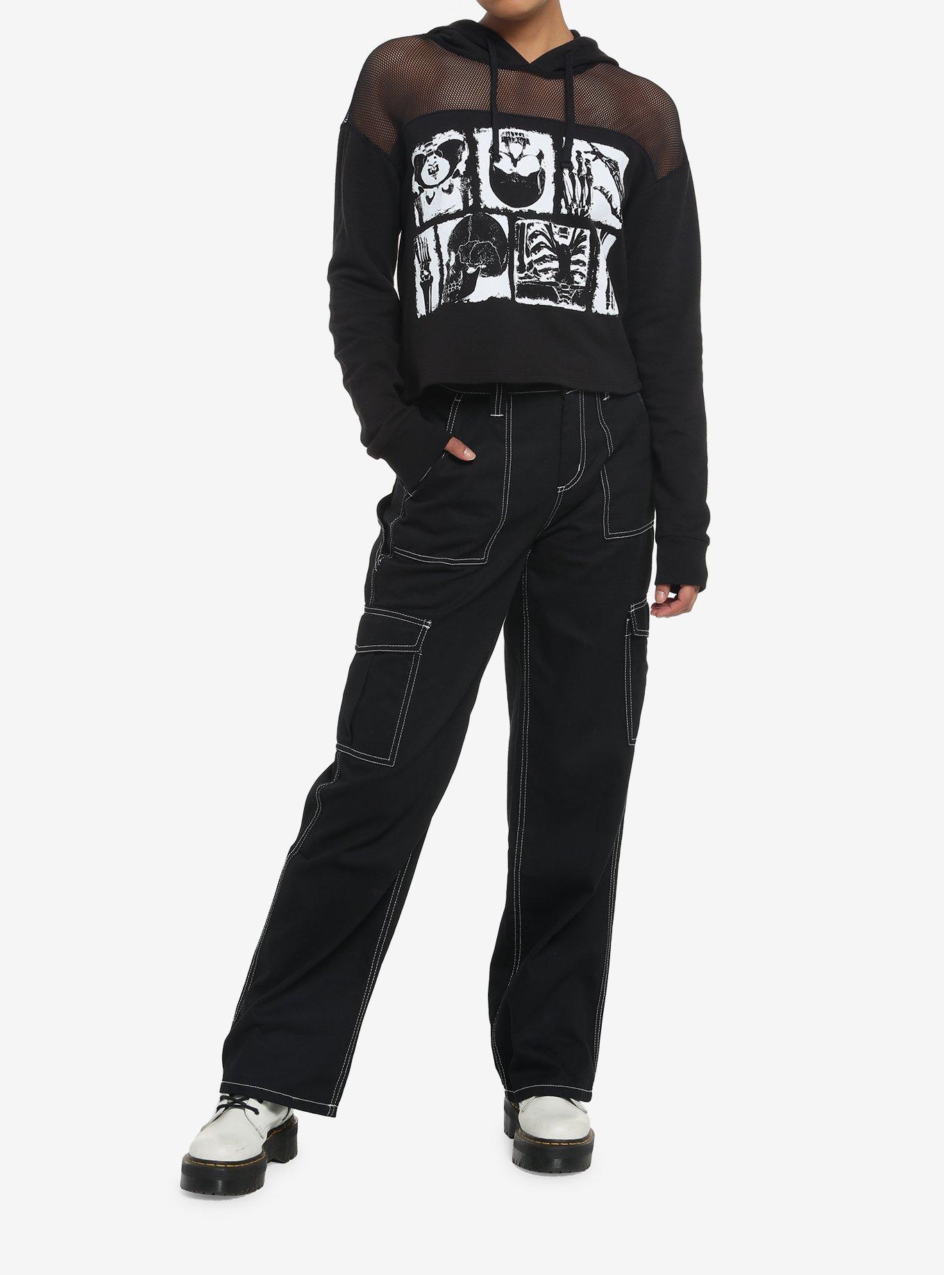 Black & White Skeleton Anatomy Mesh Girls Crop Hoodie, BLACK, alternate