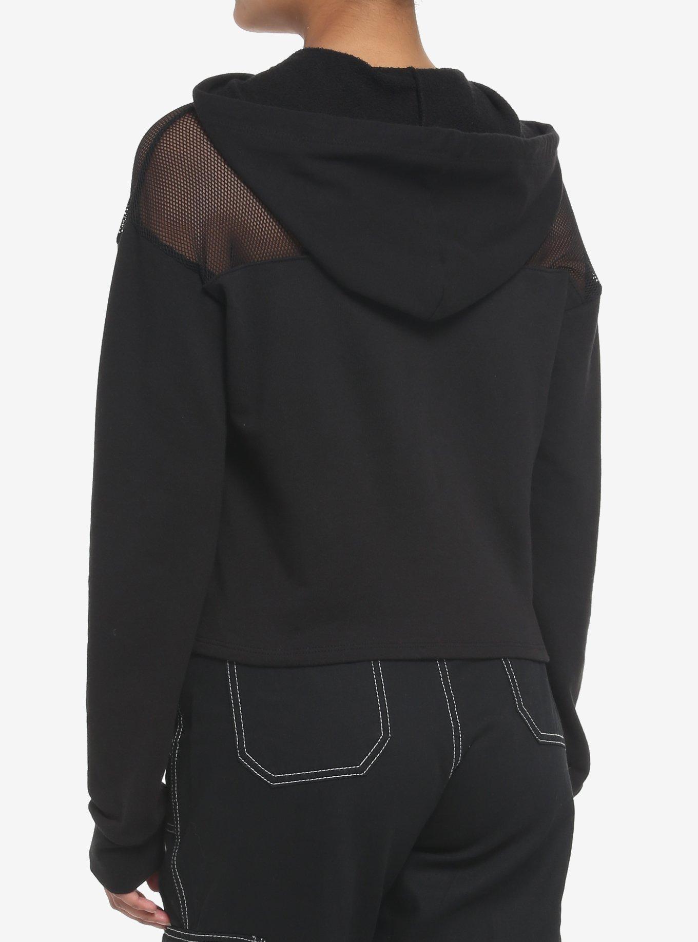 Black & White Skeleton Anatomy Mesh Girls Crop Hoodie, BLACK, alternate