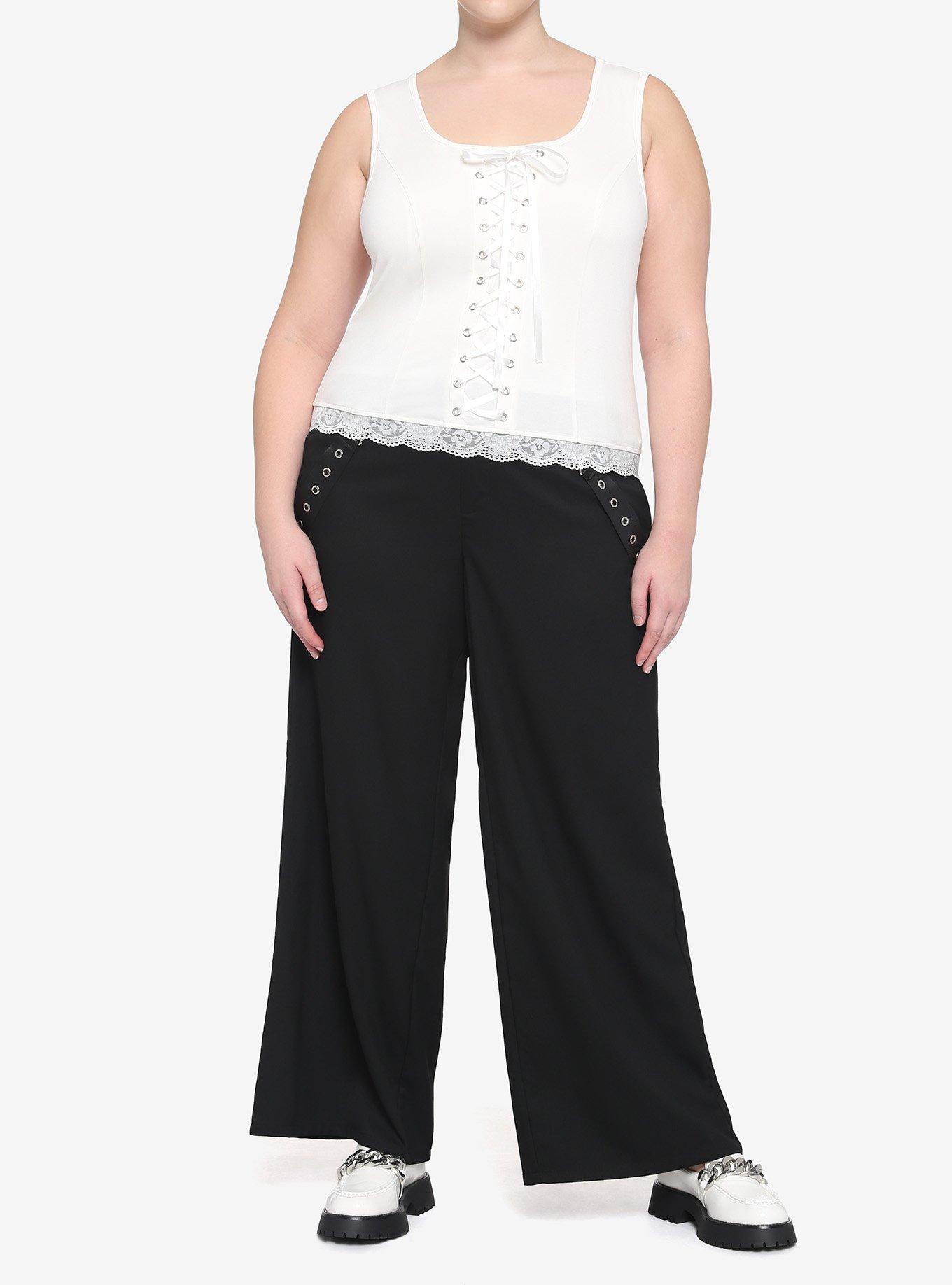 Cream Lace-Up Front Knit Girls Tank Top Plus Size, IVORY, alternate