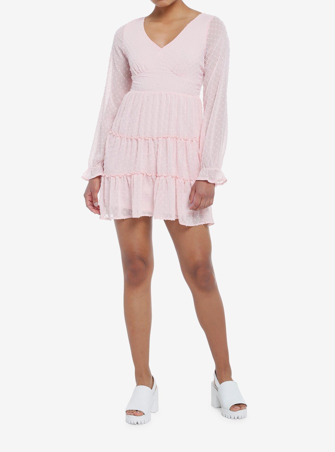 Pink Swiss Dot Tiered Long-Sleeve Peasant Dress, PINK, alternate