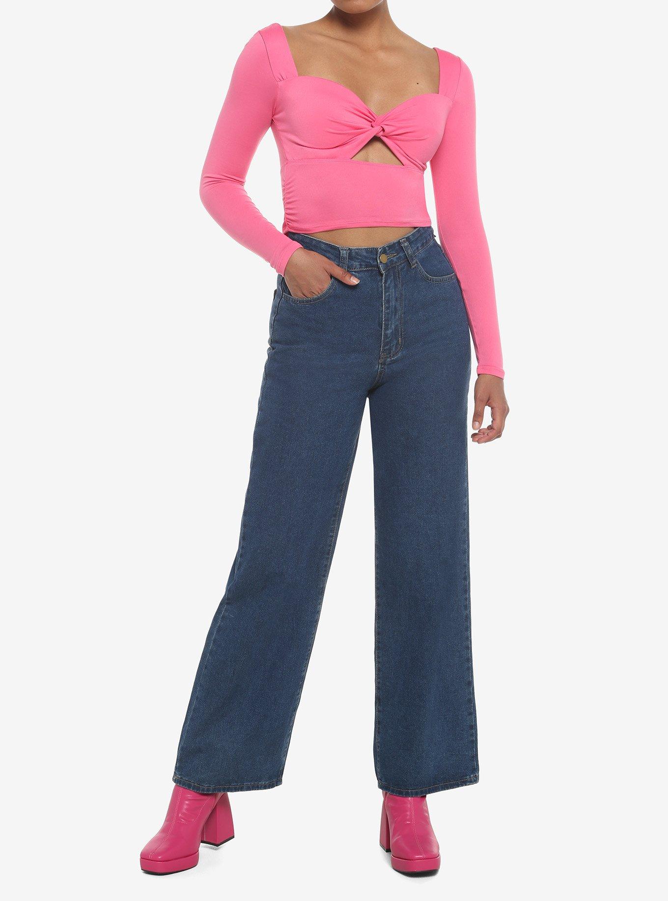 Hot Pink Cutout Girls Crop Long-Sleeve Top, PINK, alternate