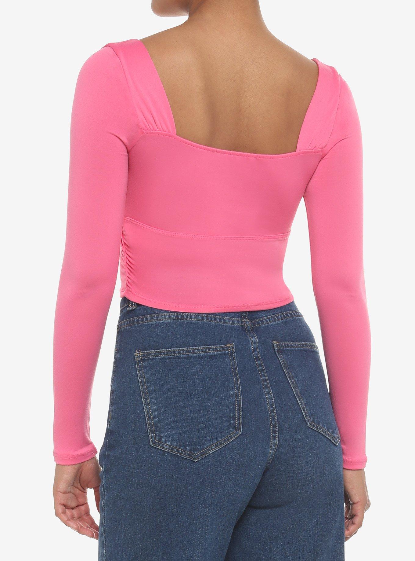 Hot Pink Cutout Girls Crop Long-Sleeve Top, PINK, alternate