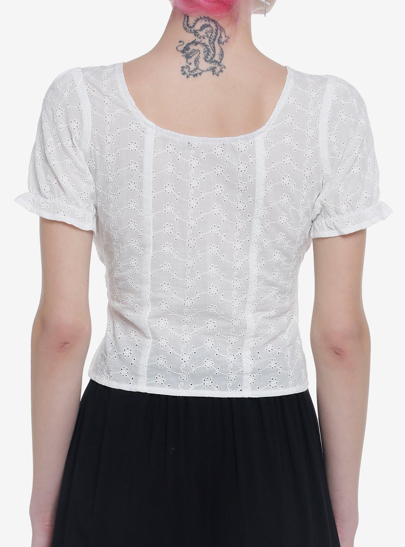 White Floral Lace-Up Girls Crop Top, WHITE, alternate