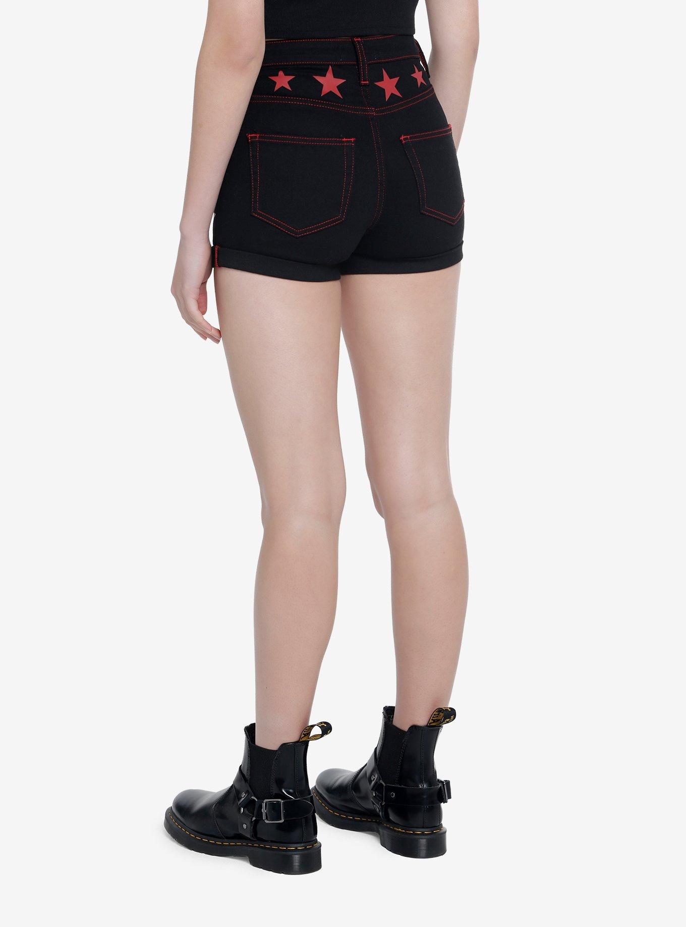 Black & Red Star Girls Denim Shorts, RED, alternate