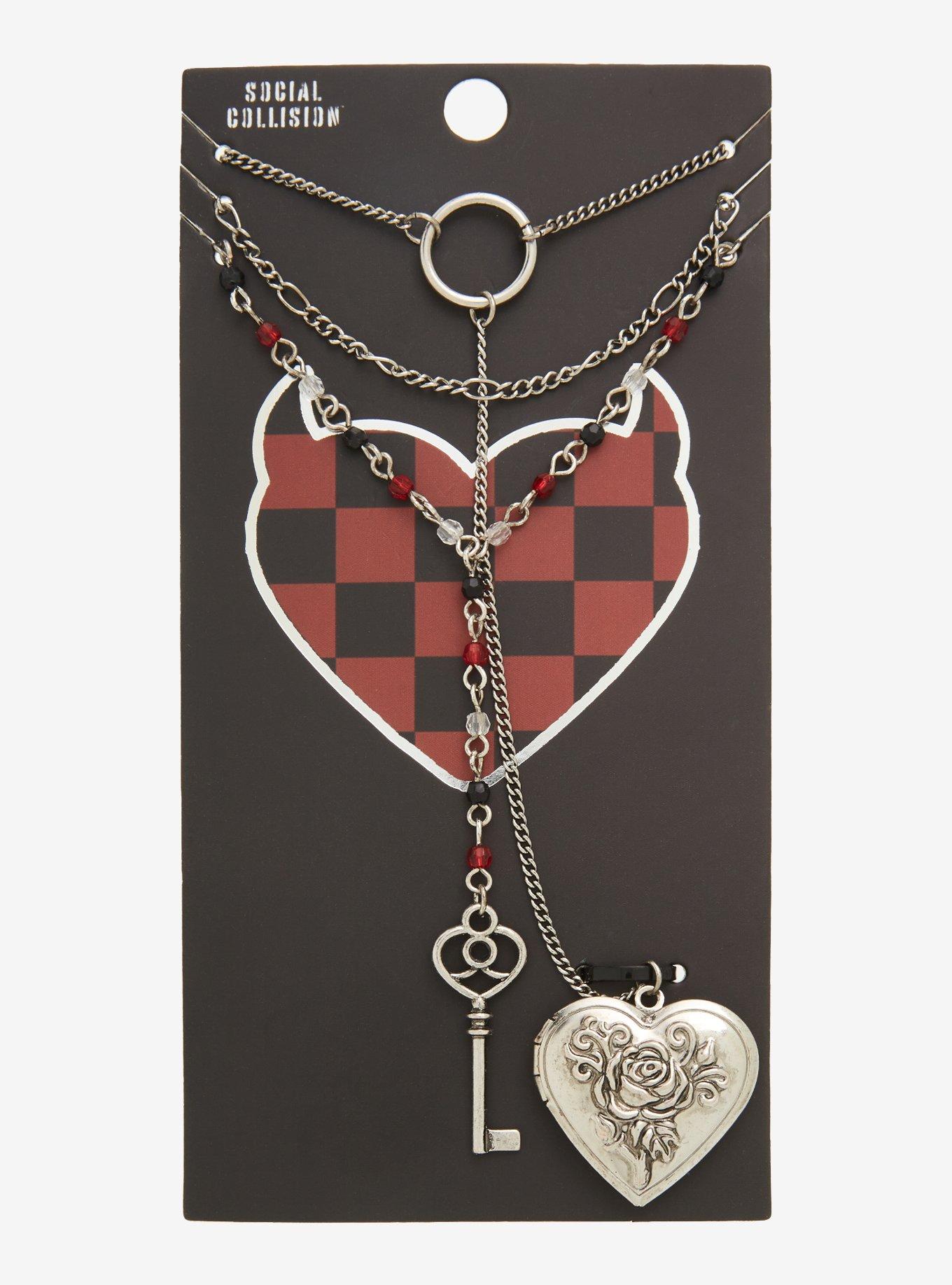Key Heart Locket Layered Necklace, , alternate