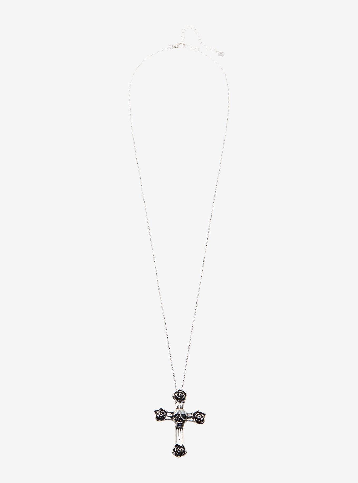 Skull & Roses Cross Oversized Pendant Necklace, , alternate