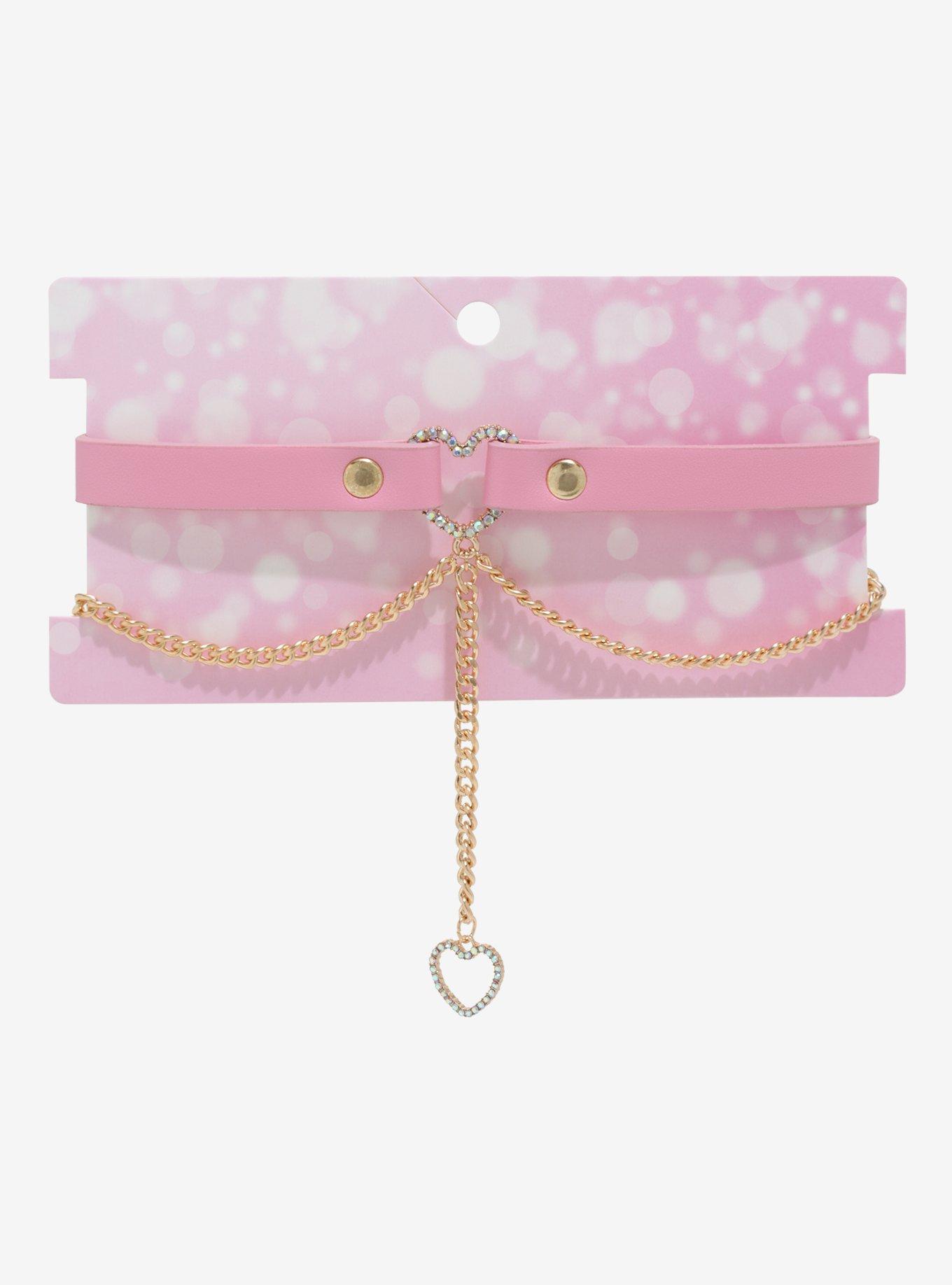 Pink Bling Heart Chain Choker, , alternate
