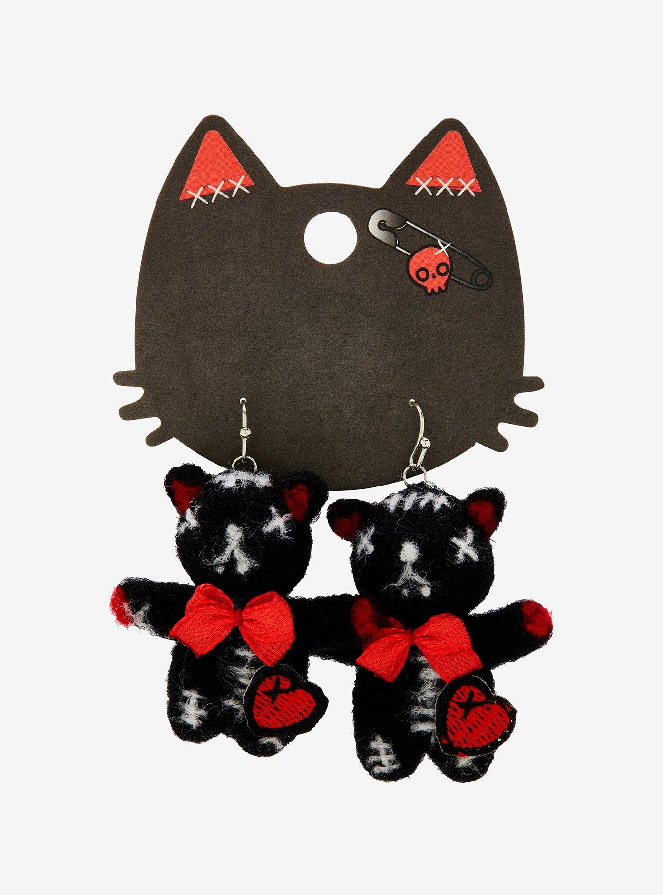 Black Stitched Teddy Bear Plush Earrings, , alternate