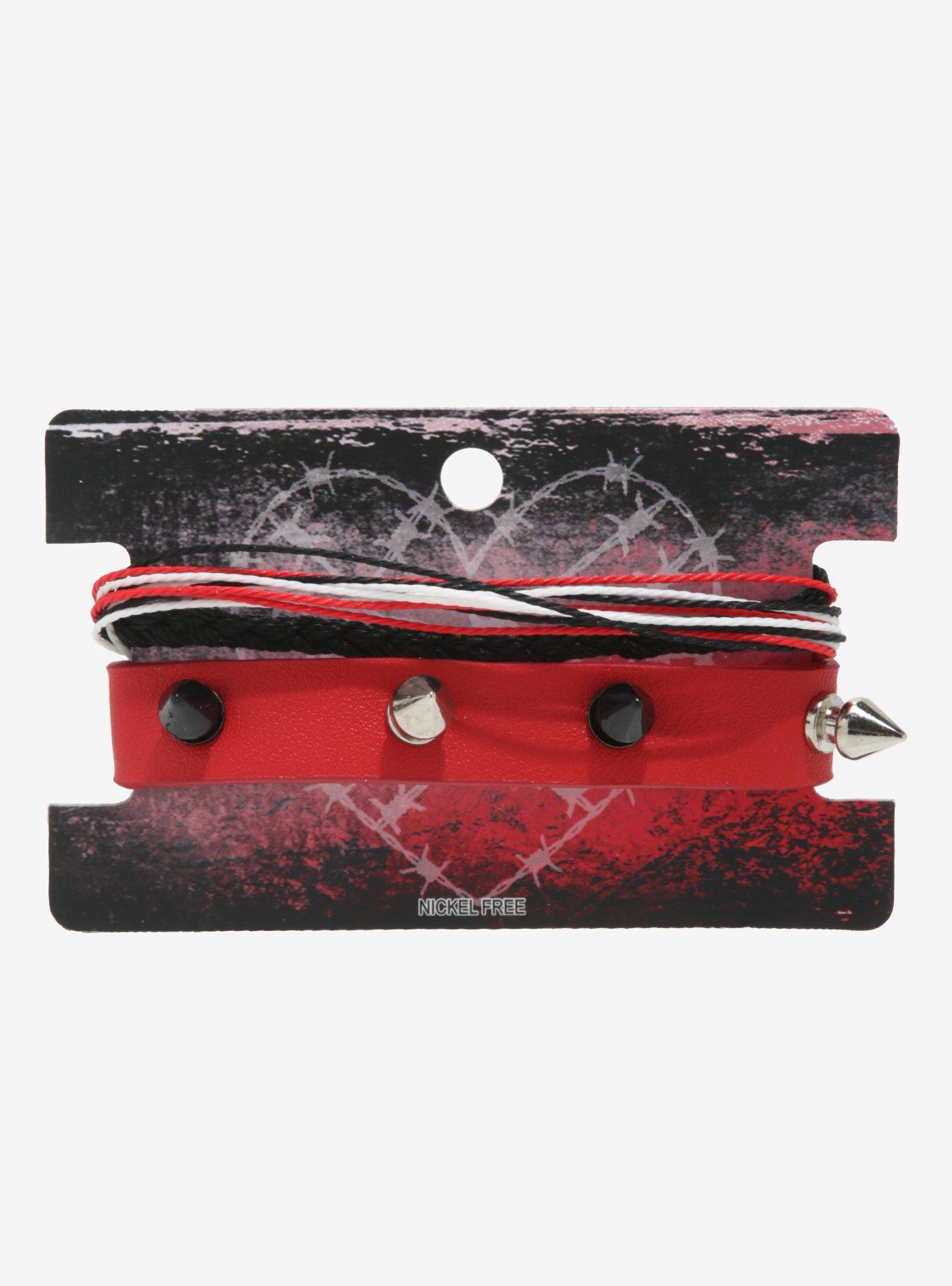 Red & Black Spike Cord Bracelet Set, , alternate
