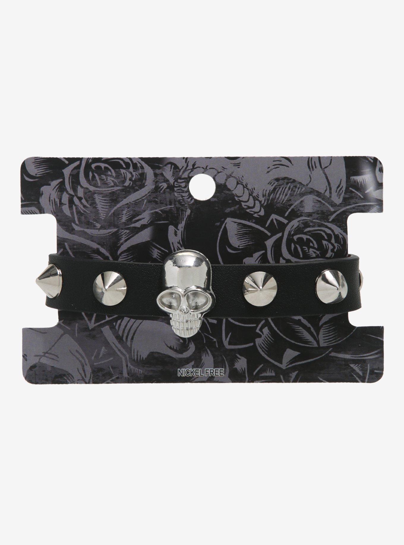 Spiked Skull Faux Leather Bracelet, , alternate