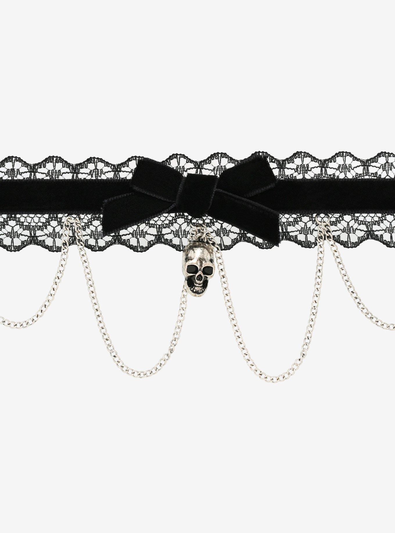 Black Skull Satin Lace Choker, , alternate