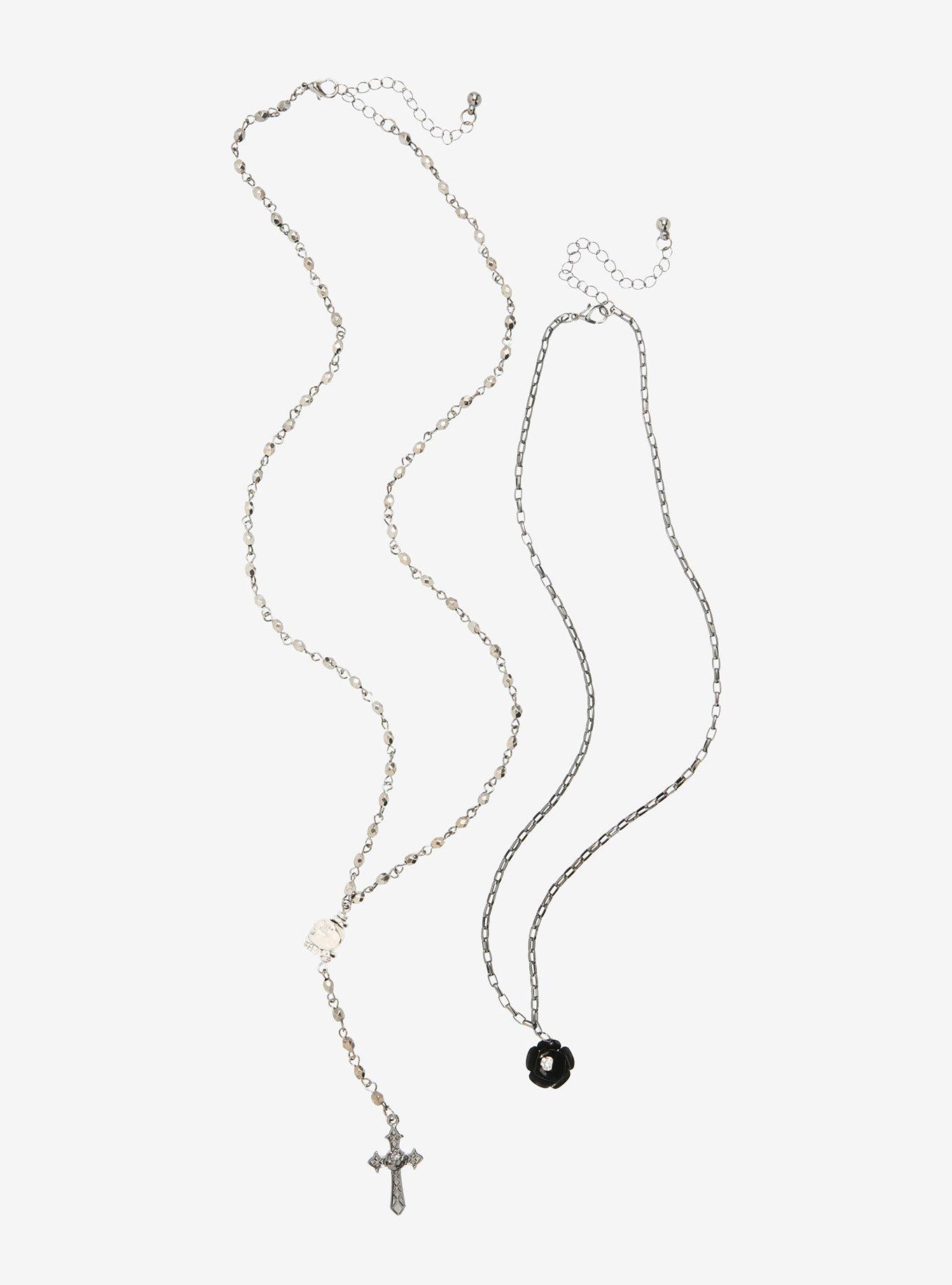 Skull Cross Flower Rosary Necklace Set, , alternate