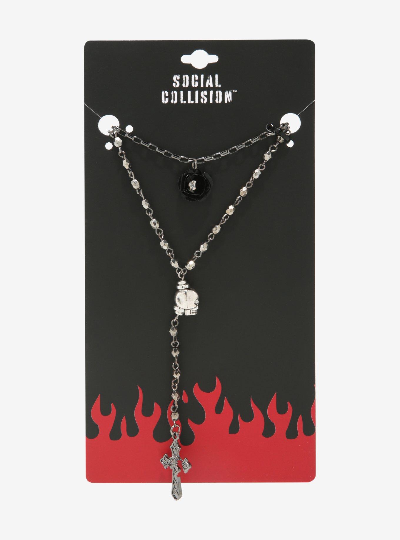 Skull Cross Flower Rosary Necklace Set, , alternate