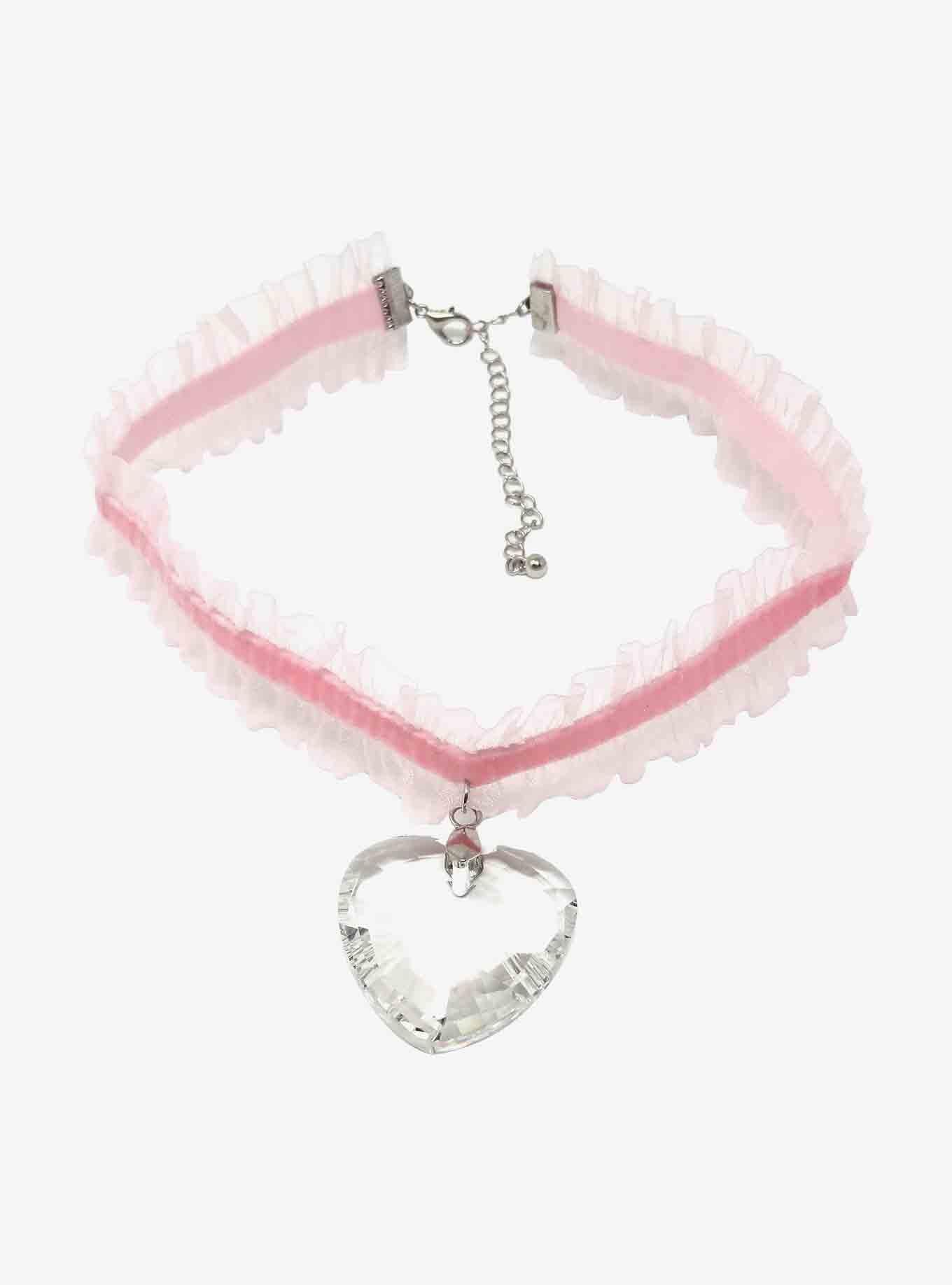 Pink Ruffle Crystal Heart Choker, , alternate