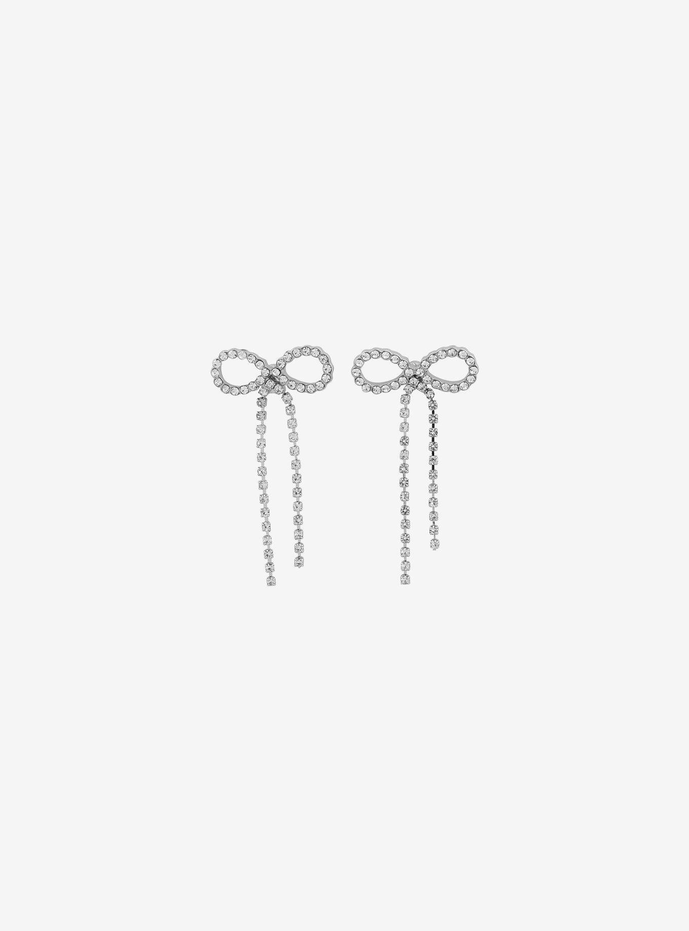 Silver Rhinestone Bow Stud Earrings, , alternate
