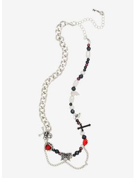 Skull Cross Split Mismatched Bead Chain Necklace, , hi-res