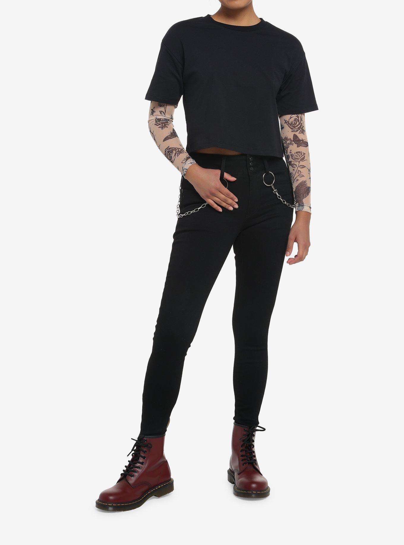 Tattoo Mesh Twofer Girls Crop Long-Sleeve T-Shirt, MULTI, alternate