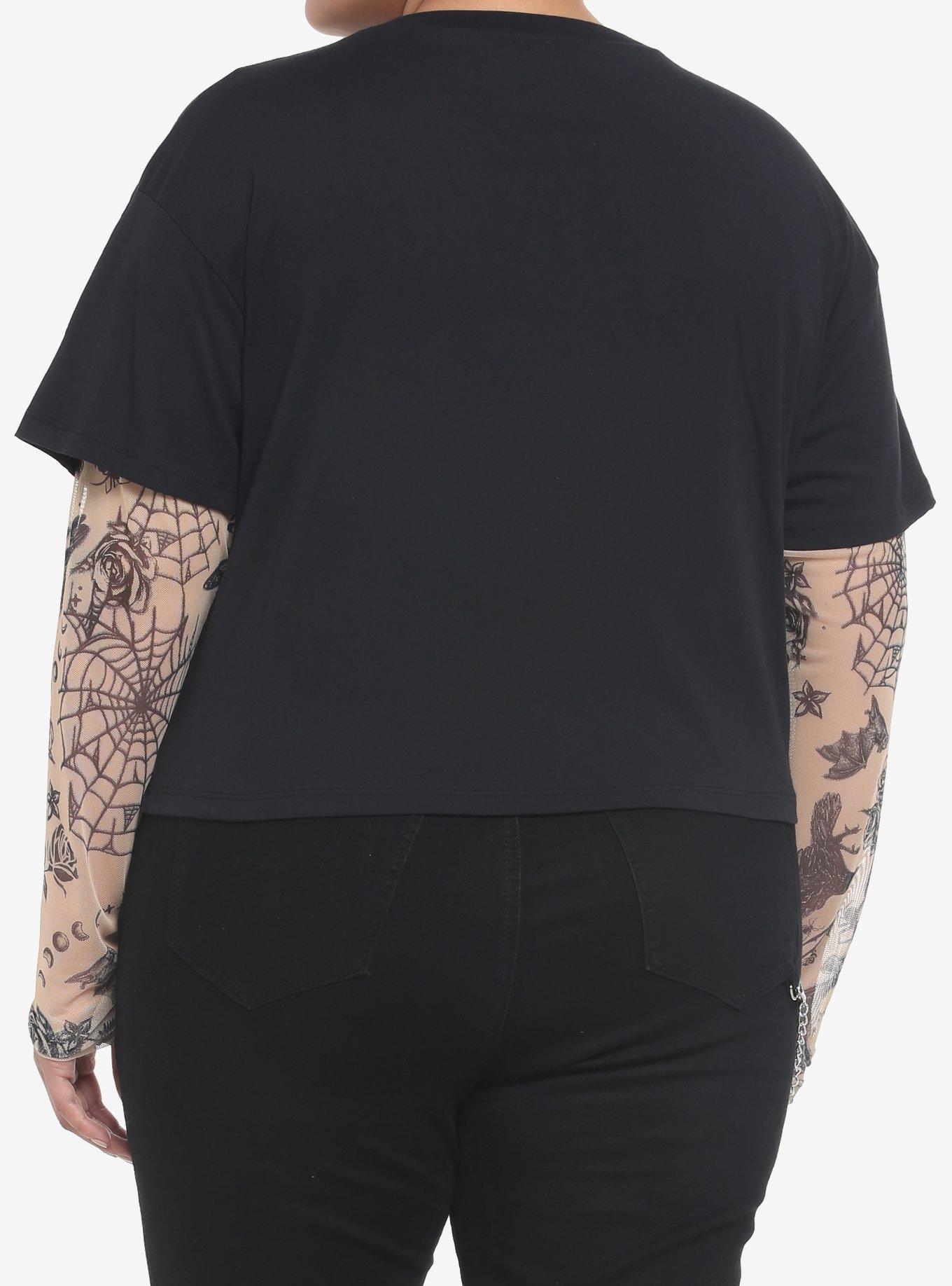 Tattoo Mesh Twofer Girls Crop Long-Sleeve T-Shirt Plus Size, MULTI, alternate