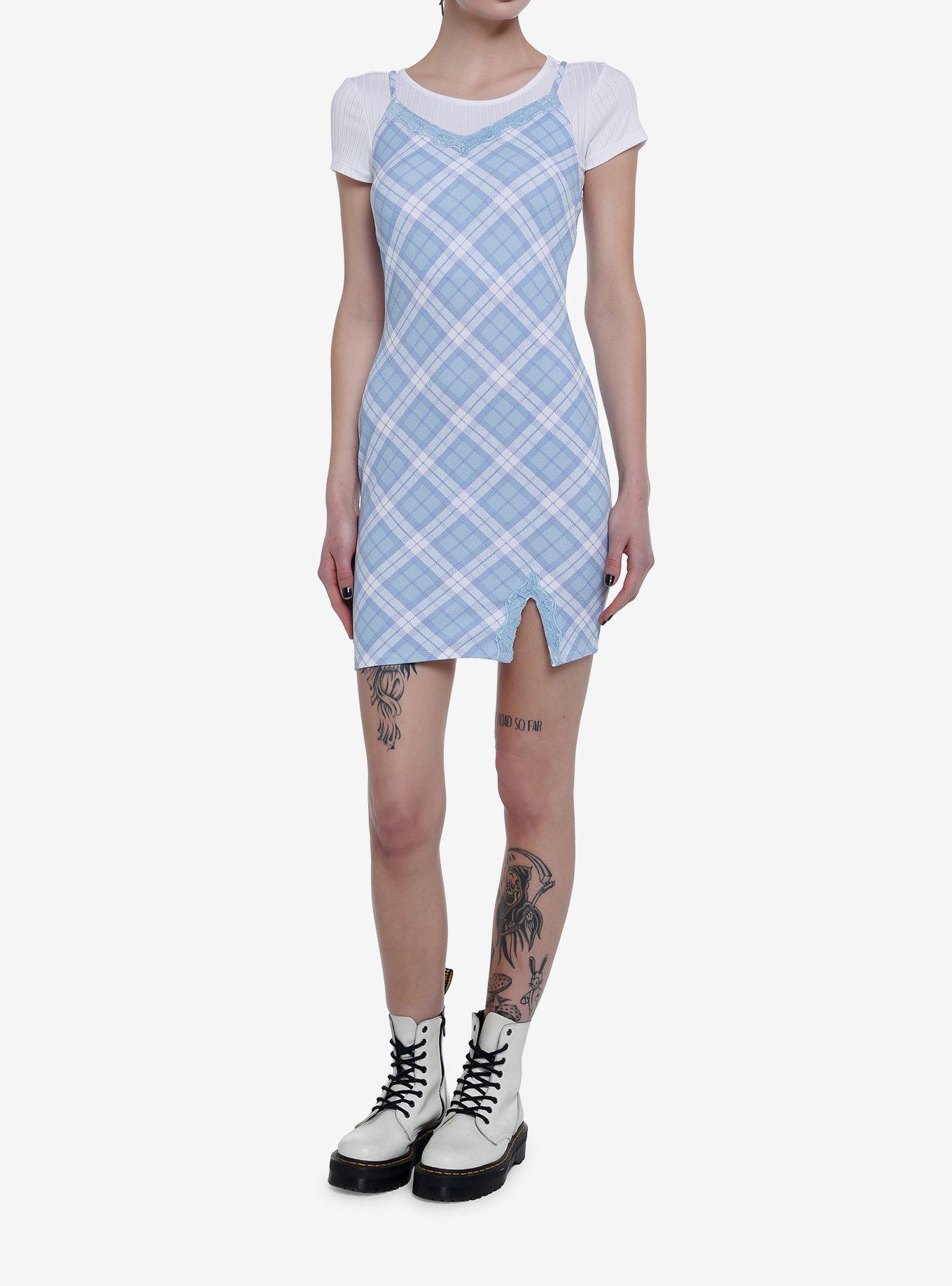 Baby Blue Plaid Twofer Dress, PLAID - BLUE, alternate