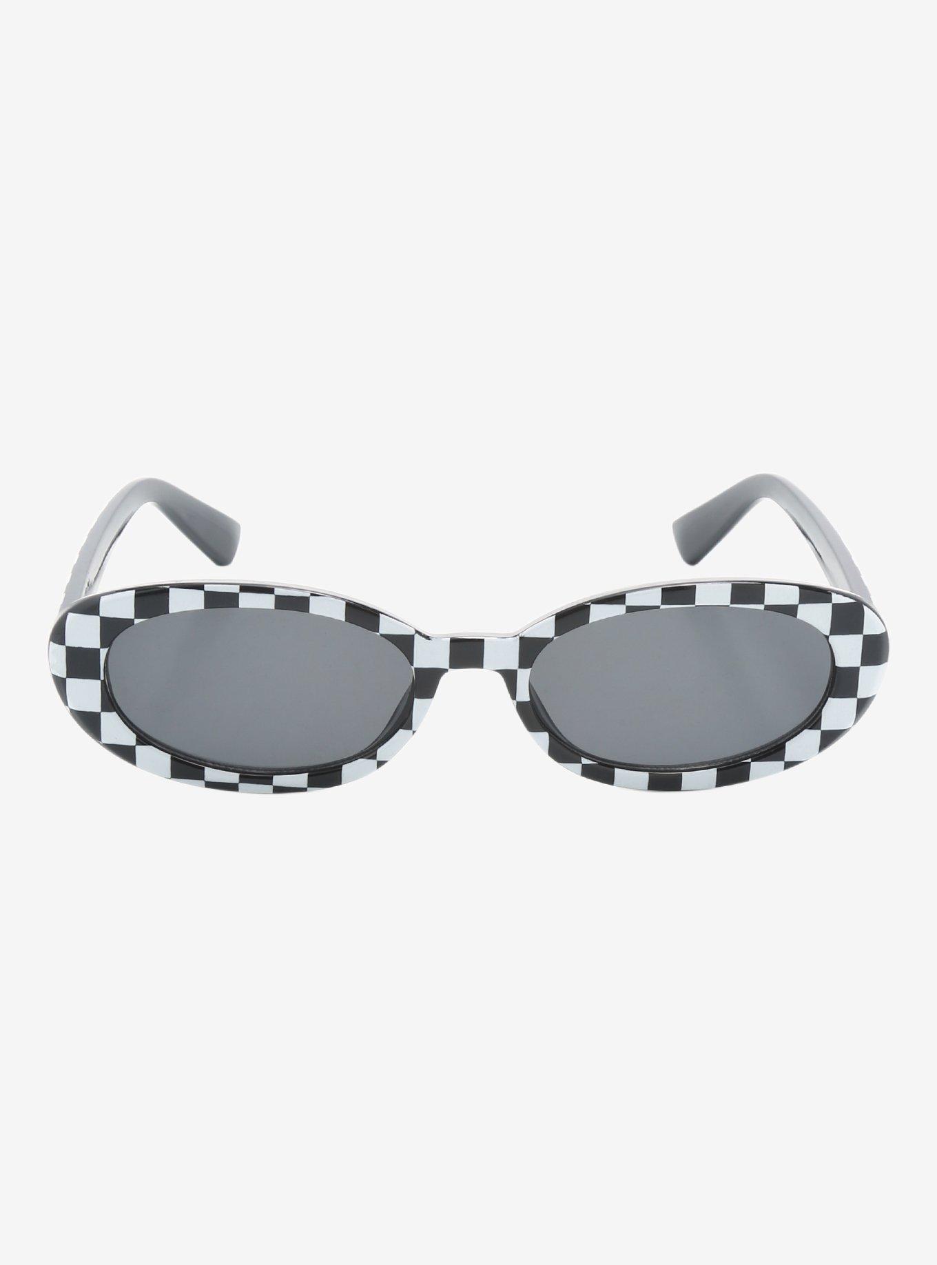 Black & White Checker Oval Sunglasses, , alternate