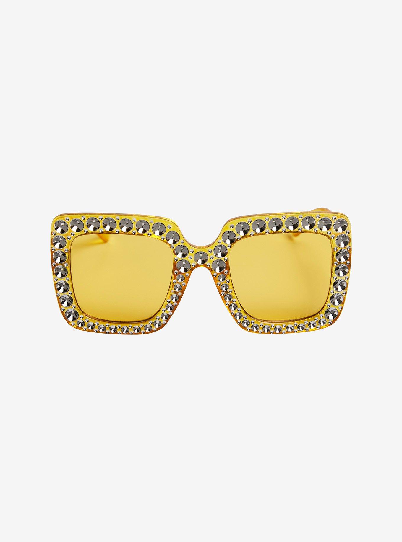 Yellow Oversized Rhinestone Sunglasses, , alternate