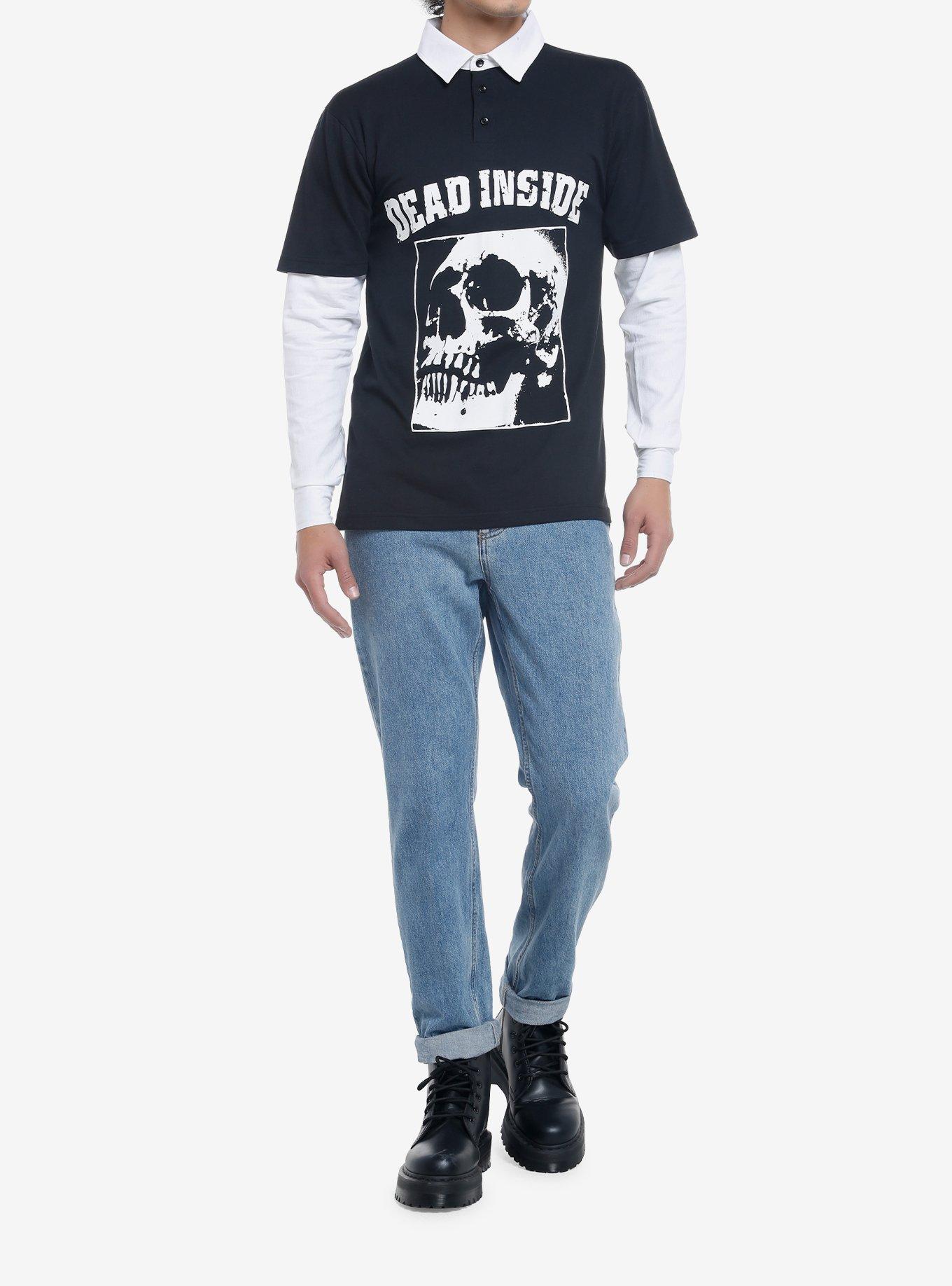 Dead Inside Skull Twofer Long-Sleeve Polo Shirt, BLACK, alternate
