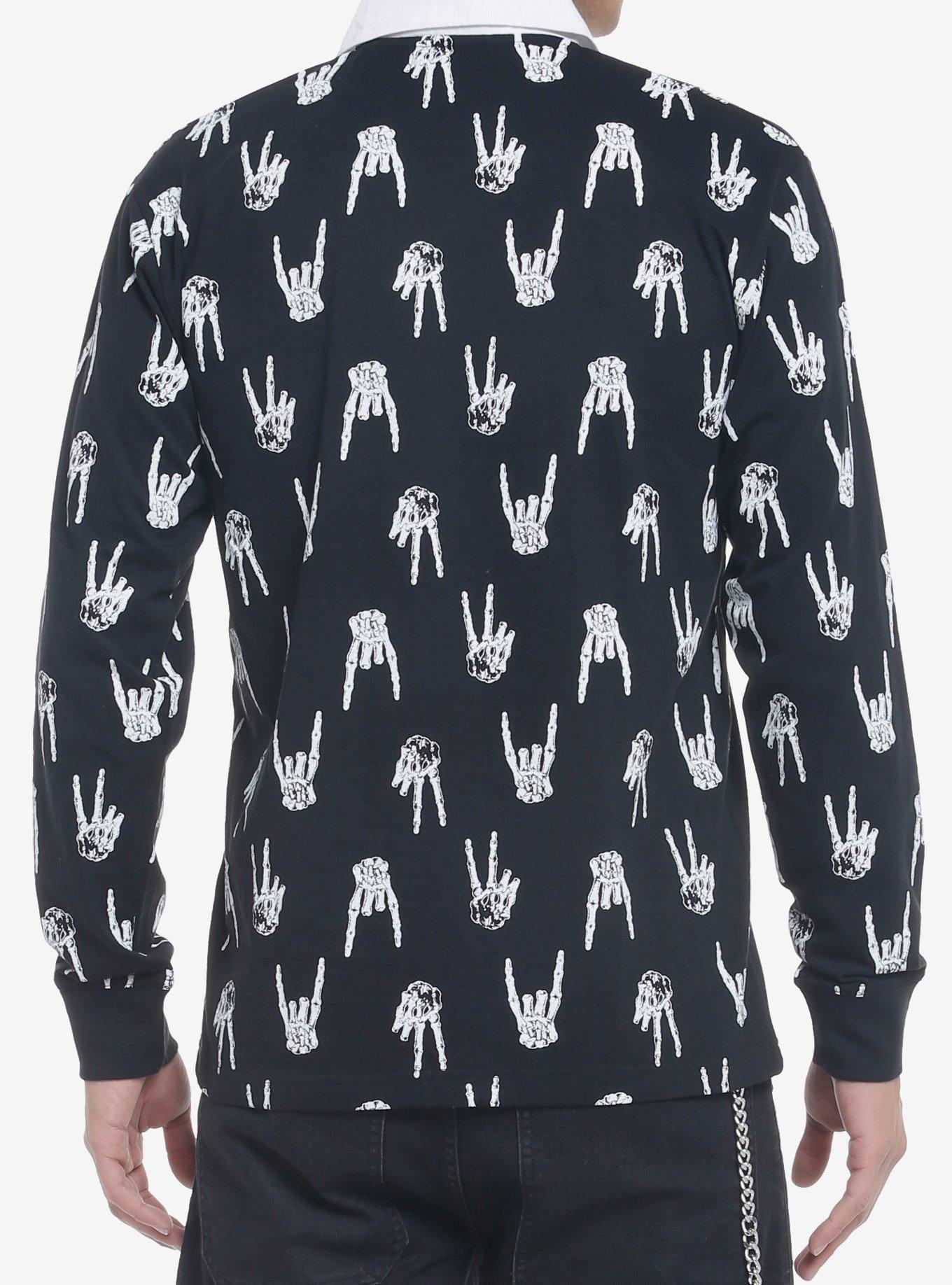 Skeleton Hands Long-Sleeve Polo Shirt, BLACK, alternate