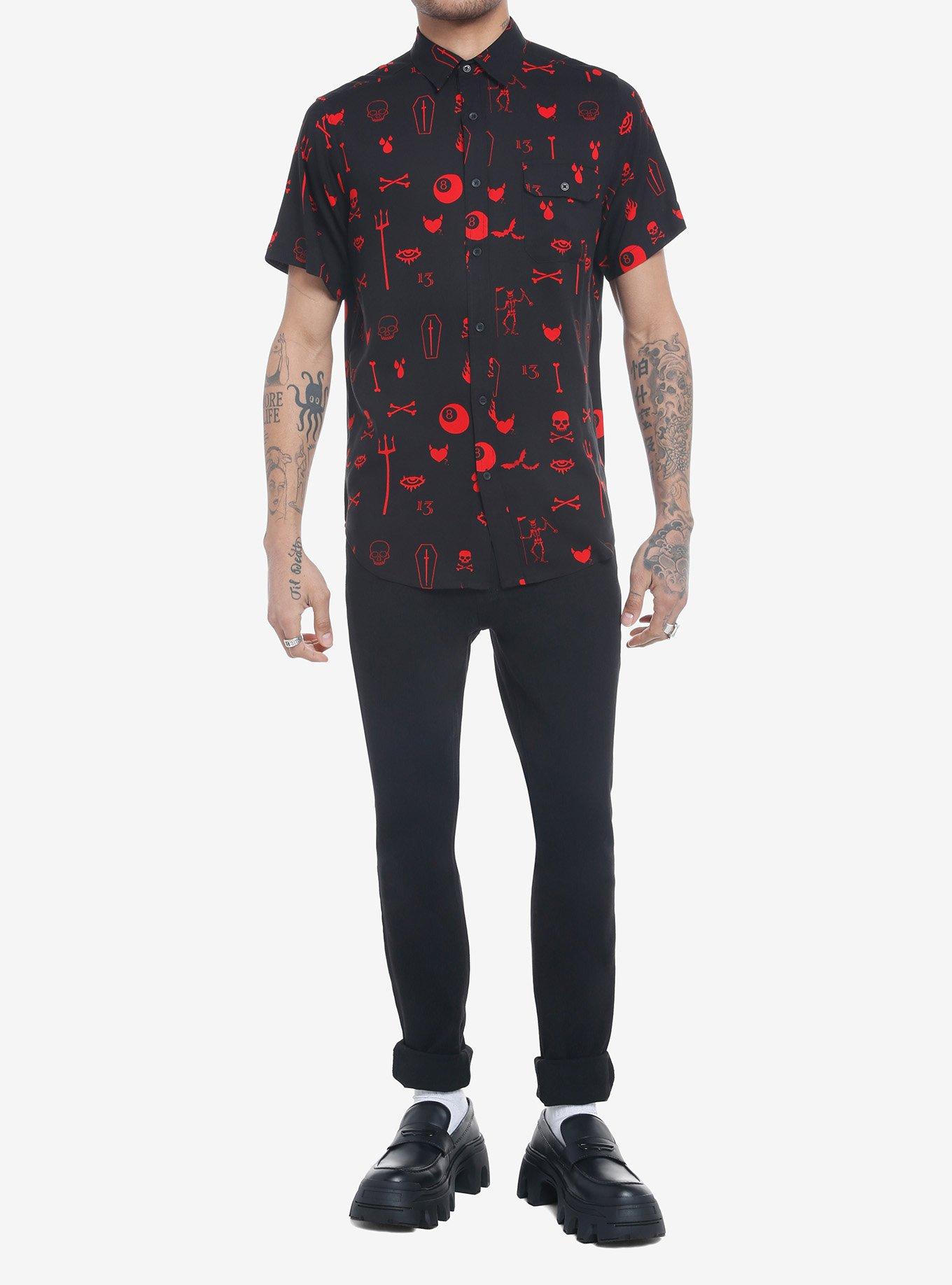 Black & Red Dark Symbols Woven Button-Up, BLACK, alternate