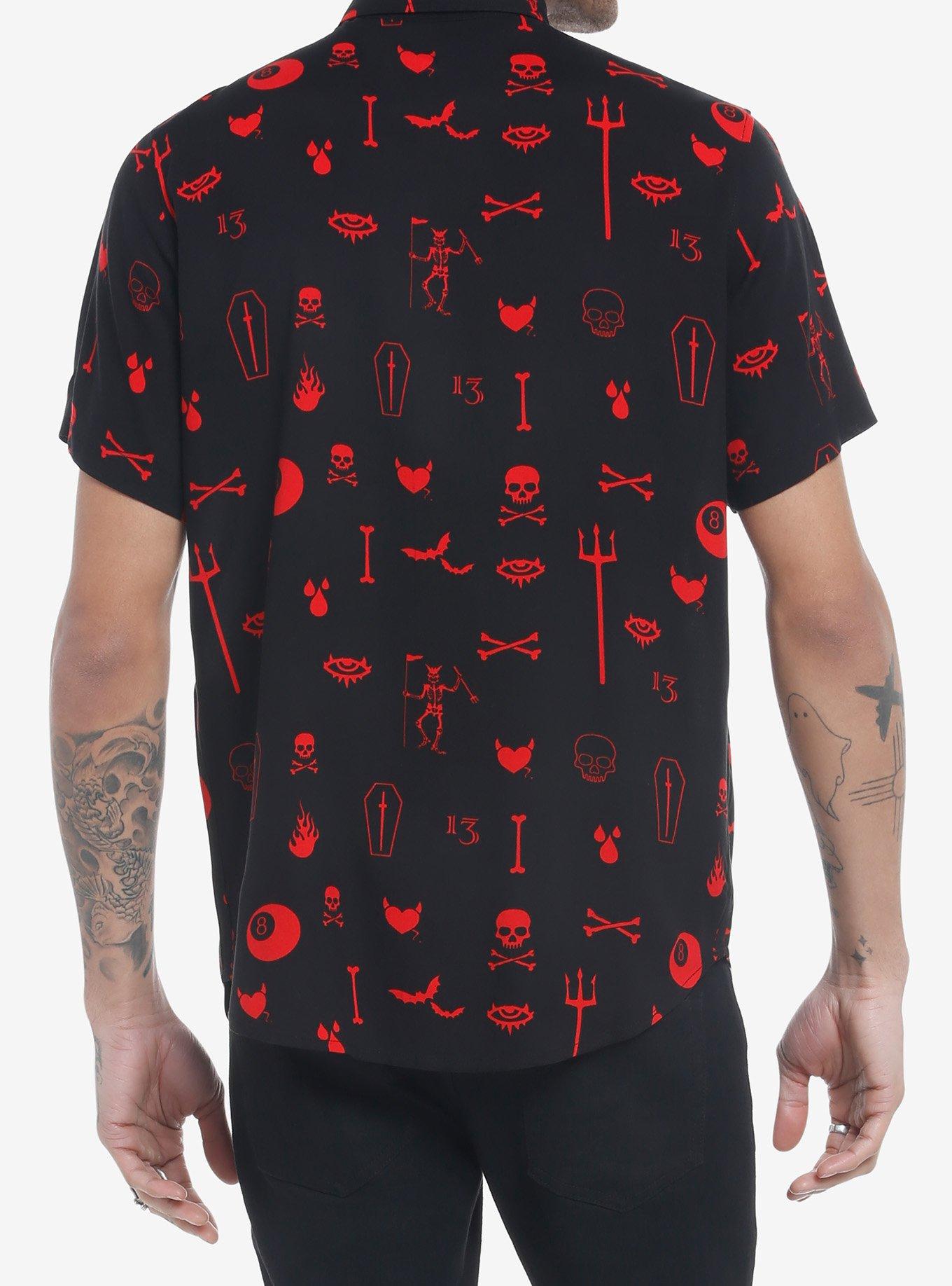 Black & Red Dark Symbols Woven Button-Up, BLACK, alternate