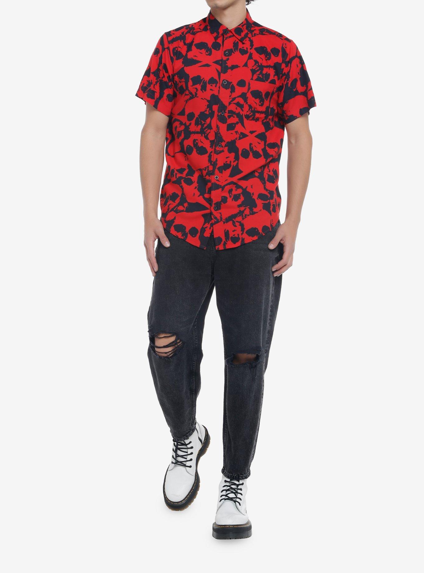 Red Skull Woven Button-Up, BLACK, alternate