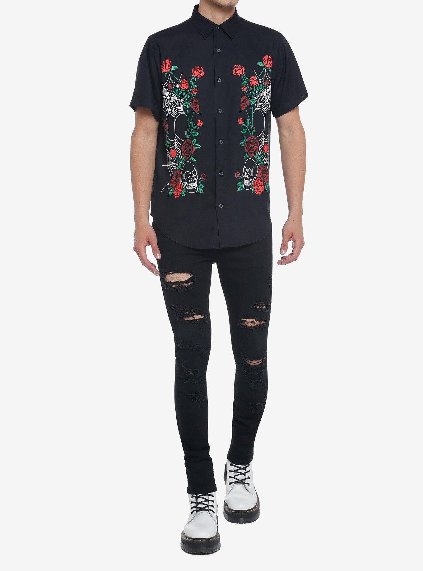 Skull Rose Spiderweb Woven Button-Up, BLACK, alternate