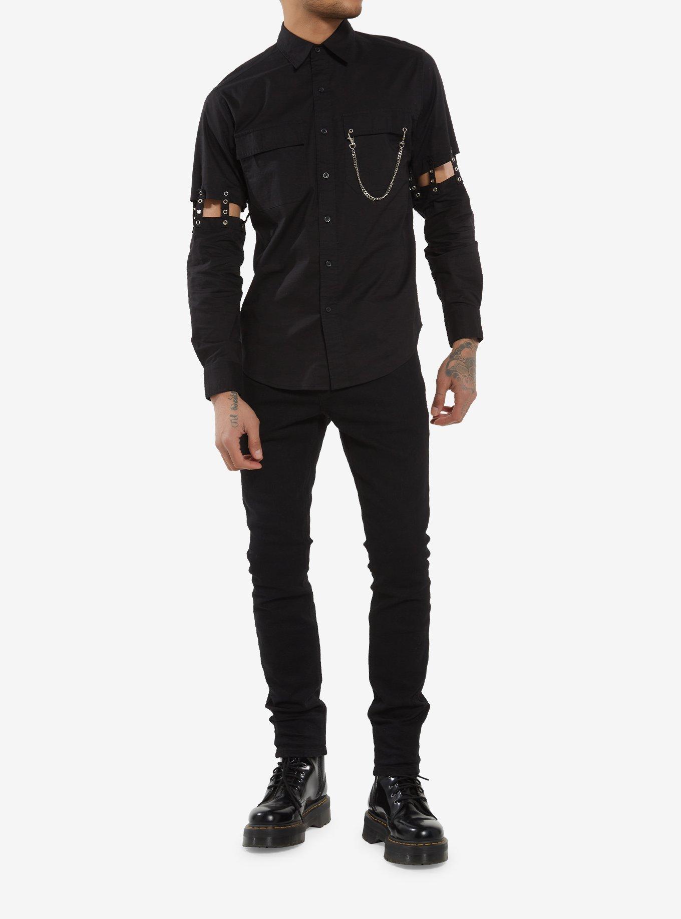 Black Grommet Cutout Straps Long-Sleeve Woven Button-Up, , hi-res