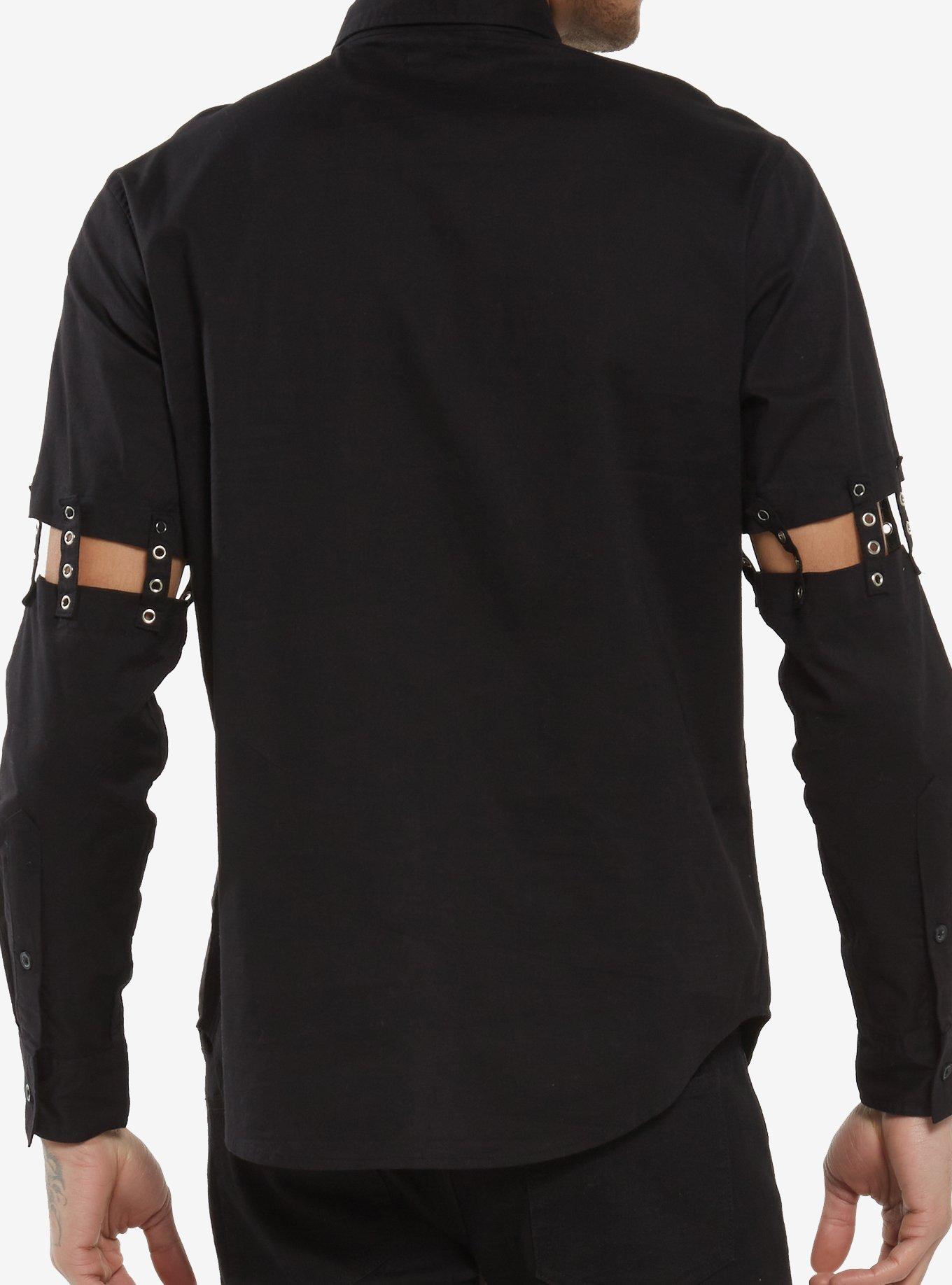 Black Grommet Cutout Straps Long-Sleeve Woven Button-Up, BLACK, alternate