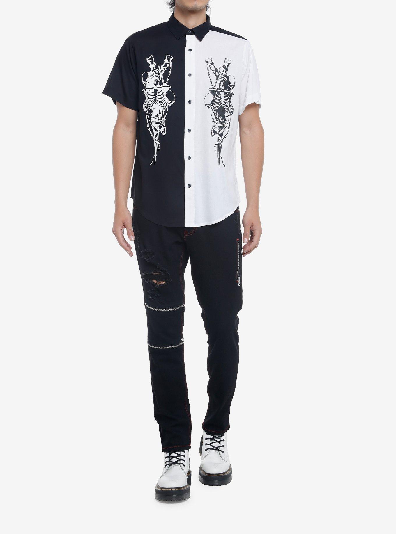 Skeleton Swords Split Woven Button-Up, BLACK  RED, alternate