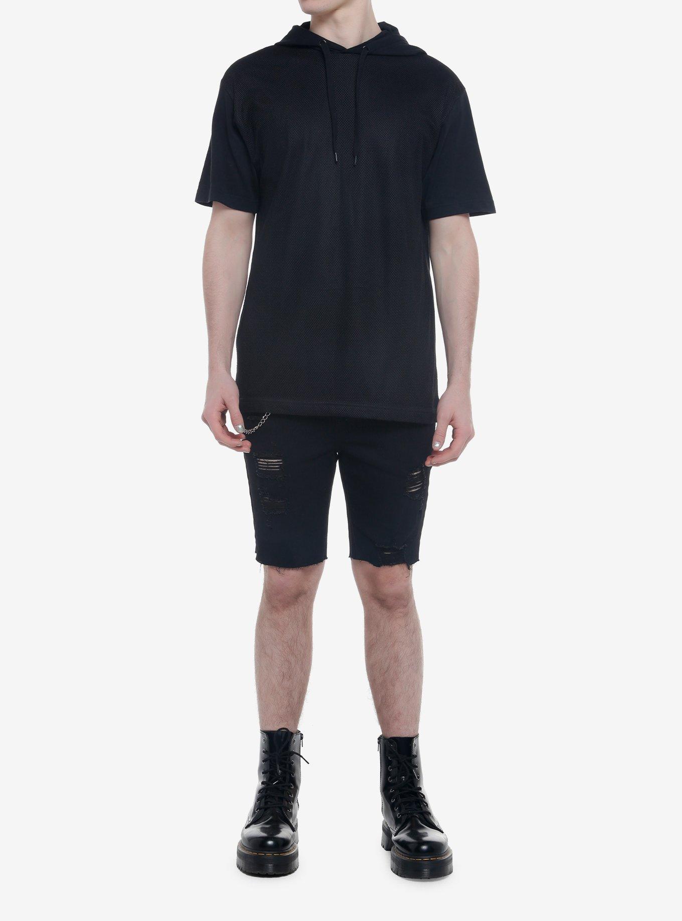 Black Mesh Hooded T-Shirt, BLACK, alternate