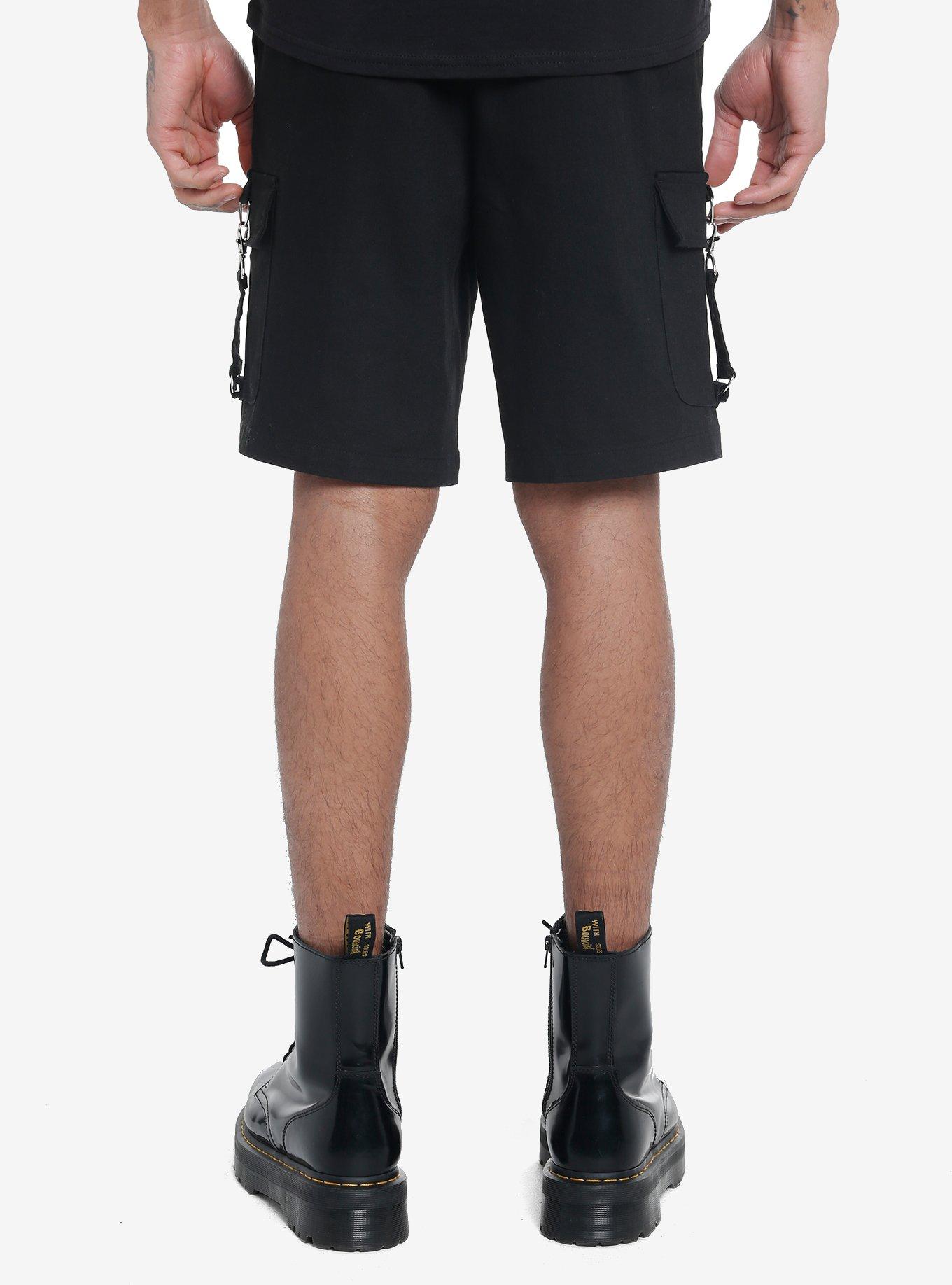 Black Cargo Pocket Buckle Shorts, BLACK, alternate