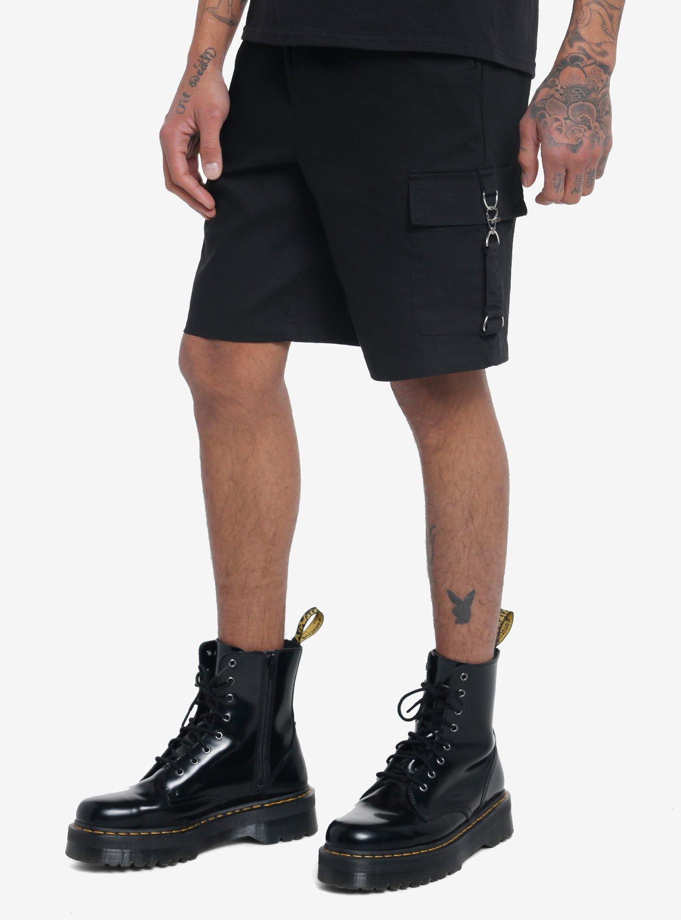 Black Cargo Pocket Buckle Shorts, BLACK, alternate