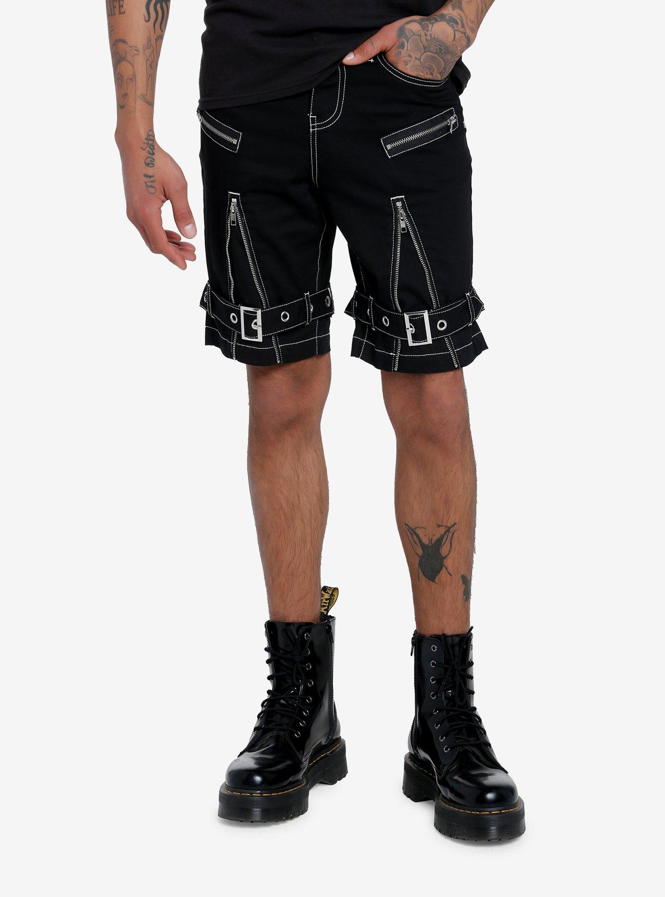 Contrast Stitch Grommet Strap Cargo Shorts, BLACK, alternate
