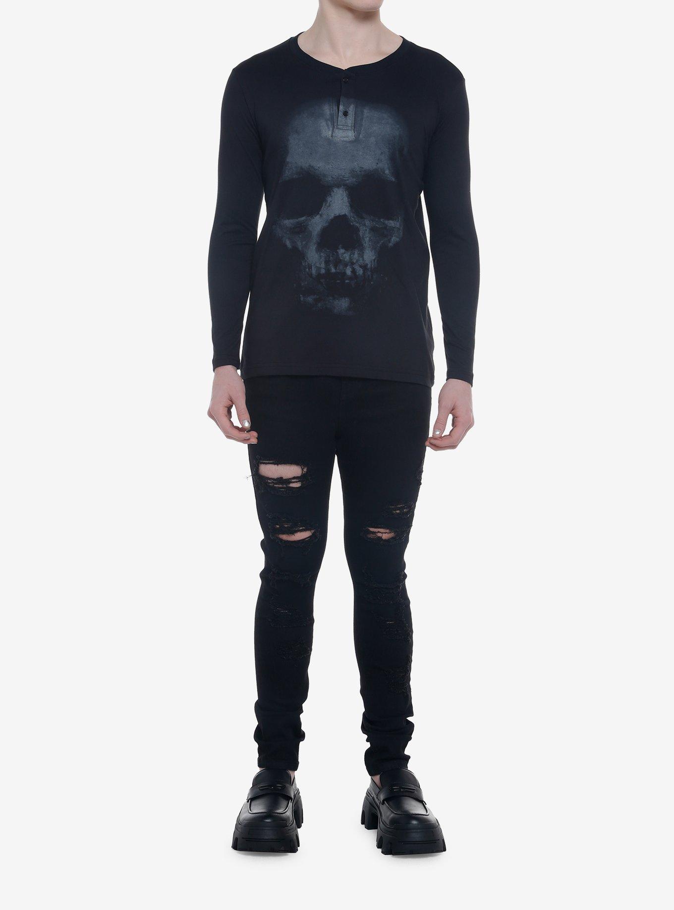 Grunge Faded Skull Henley Long-Sleeve T-Shirt, BLACK, alternate