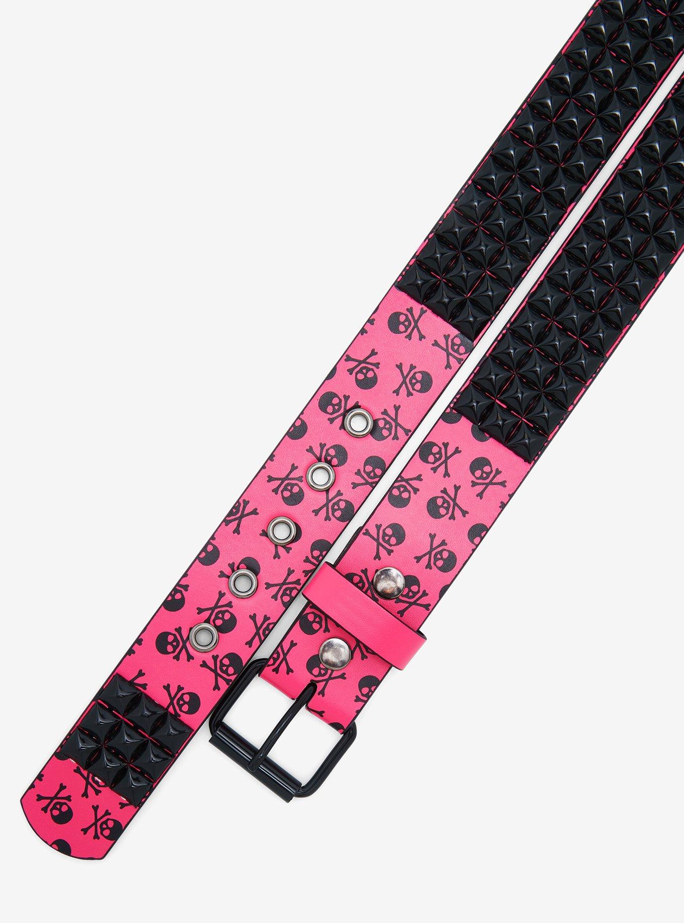 Pink & Black Skull & Crossbones Three Row Pyramid Stud Belt, BLACK, alternate