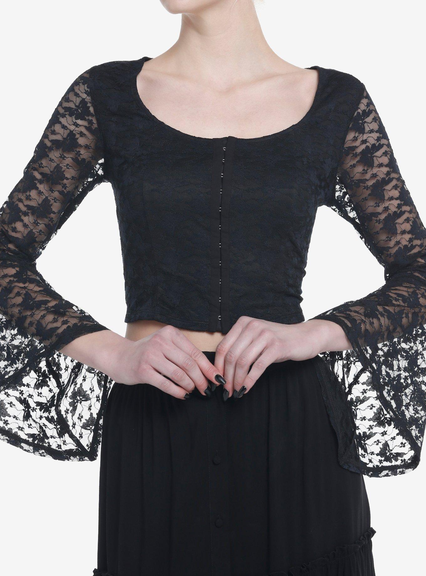 Cosmic Aura Black Butterfly Lace Girls Bell Sleeve Top, BLACK, alternate