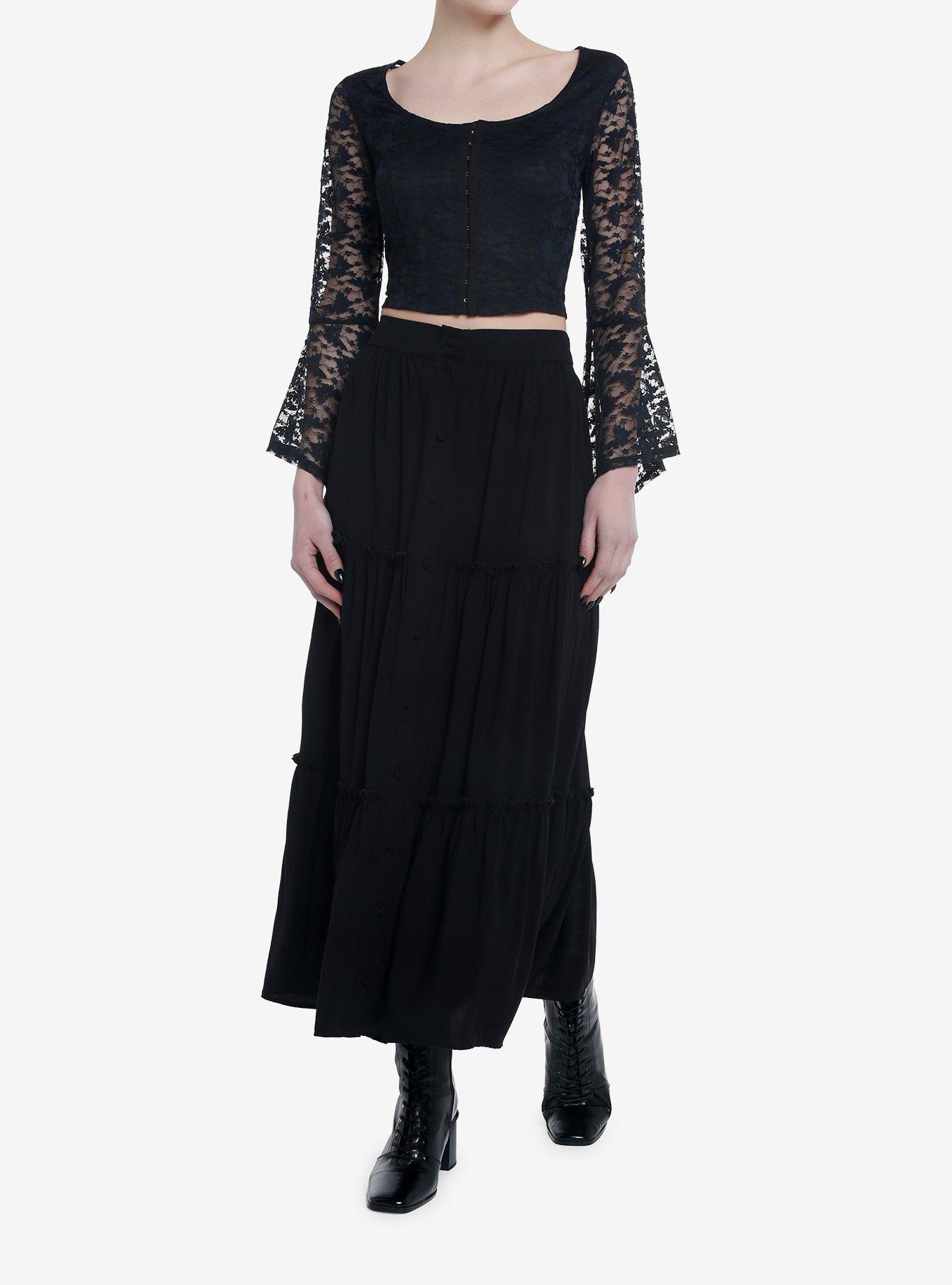 Cosmic Aura Black Butterfly Lace Girls Bell Sleeve Top