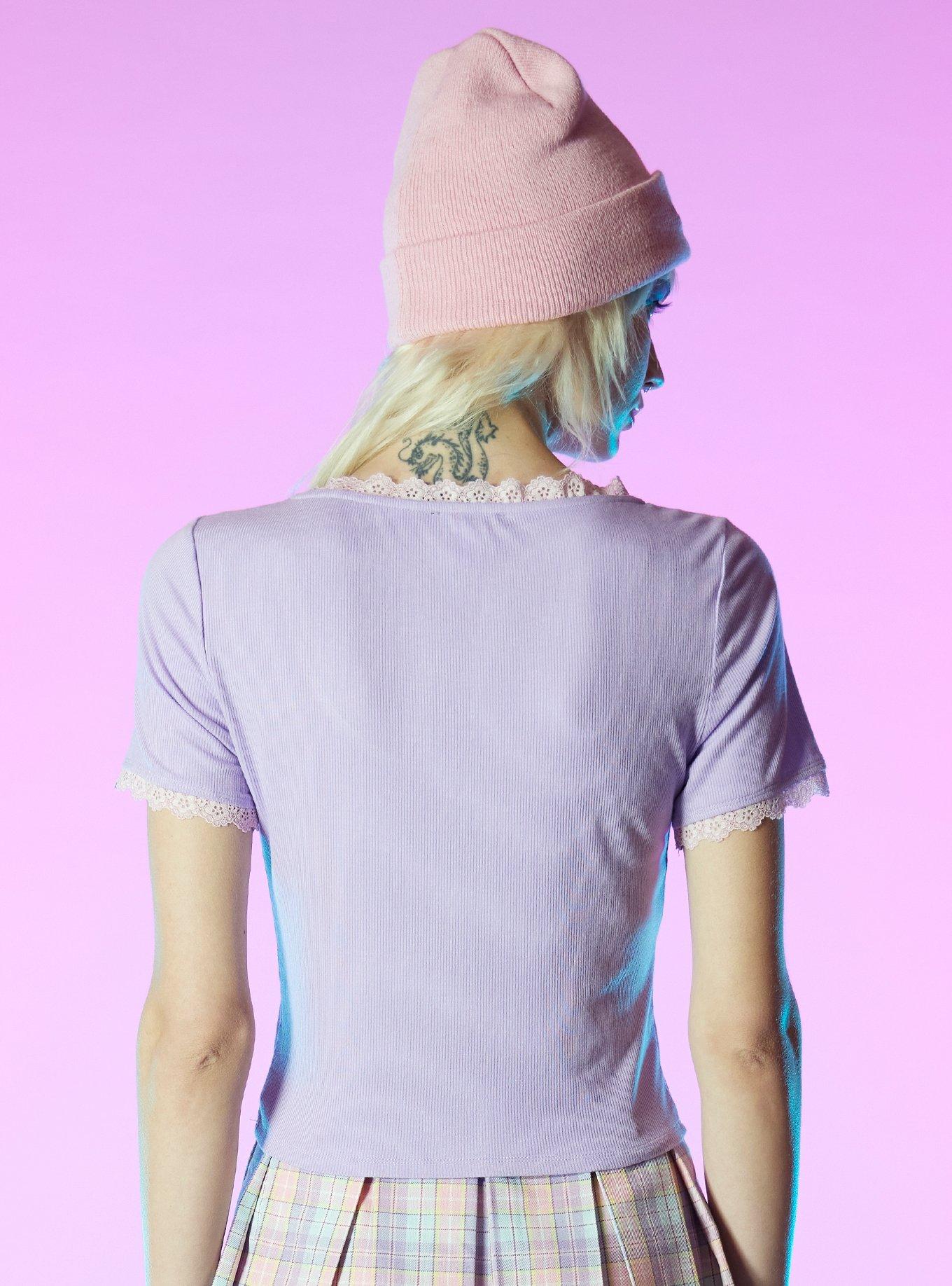 Pastel Purple Heart Button Girls Crop T-Shirt, PURPLE, alternate