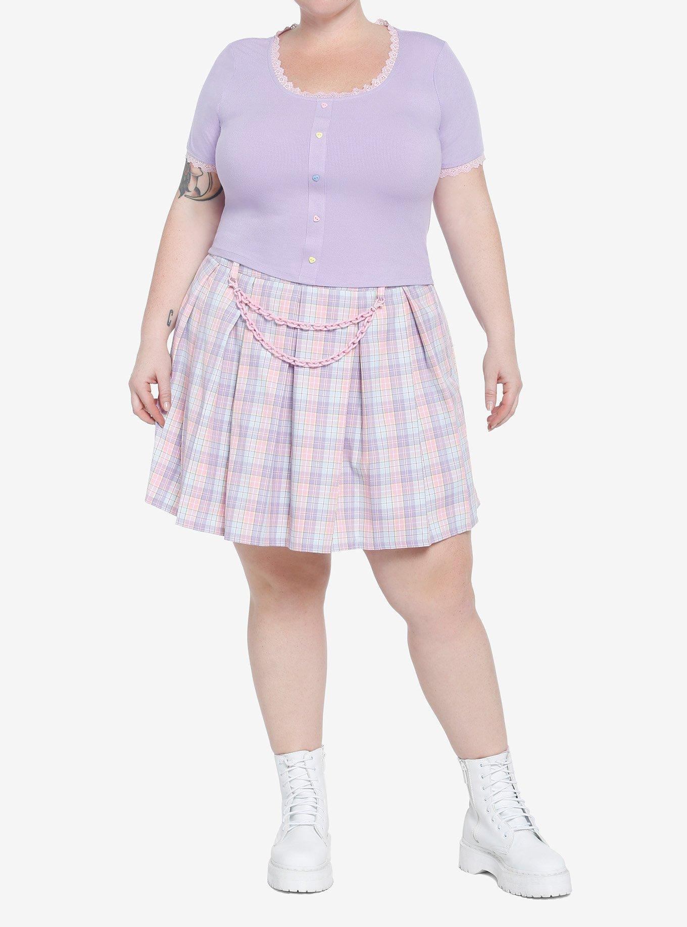 Pastel Purple Heart Button Girls Crop T-Shirt Plus Size, , hi-res