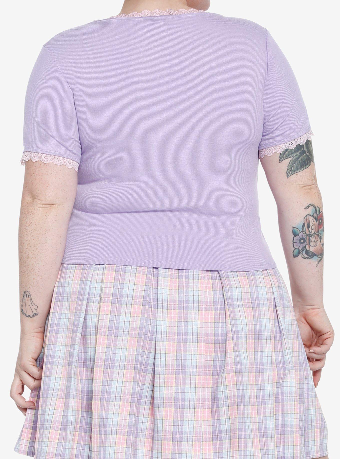 Pastel Purple Heart Button Girls Crop T-Shirt Plus Size, PURPLE, alternate