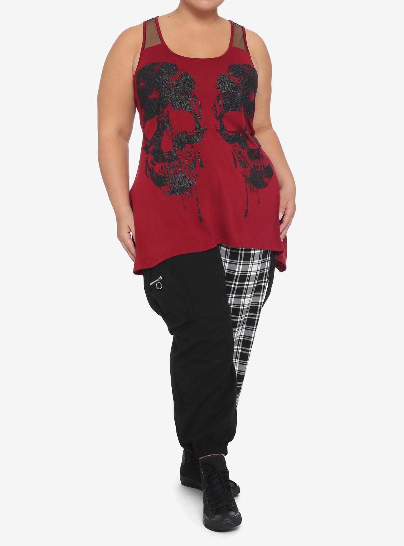 Burgundy Glitter Skull Shark Bite Girls Tank Top Plus Size, BURGUNDY, alternate